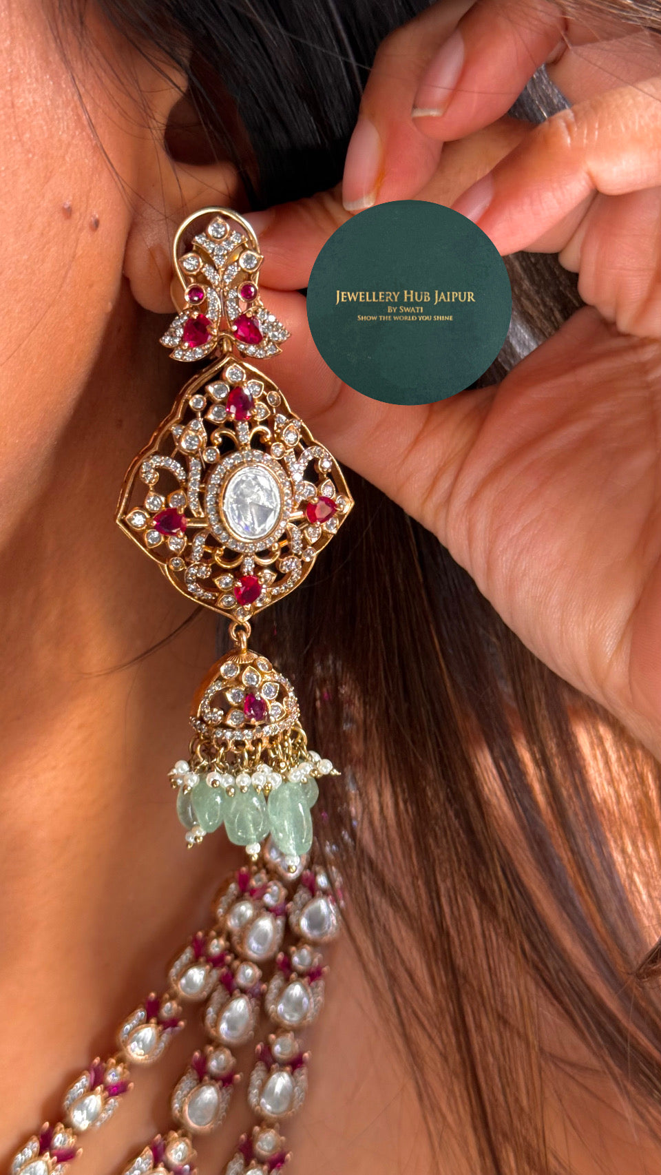 Triple line ruby moissanite ling rani Har with strawberry drops