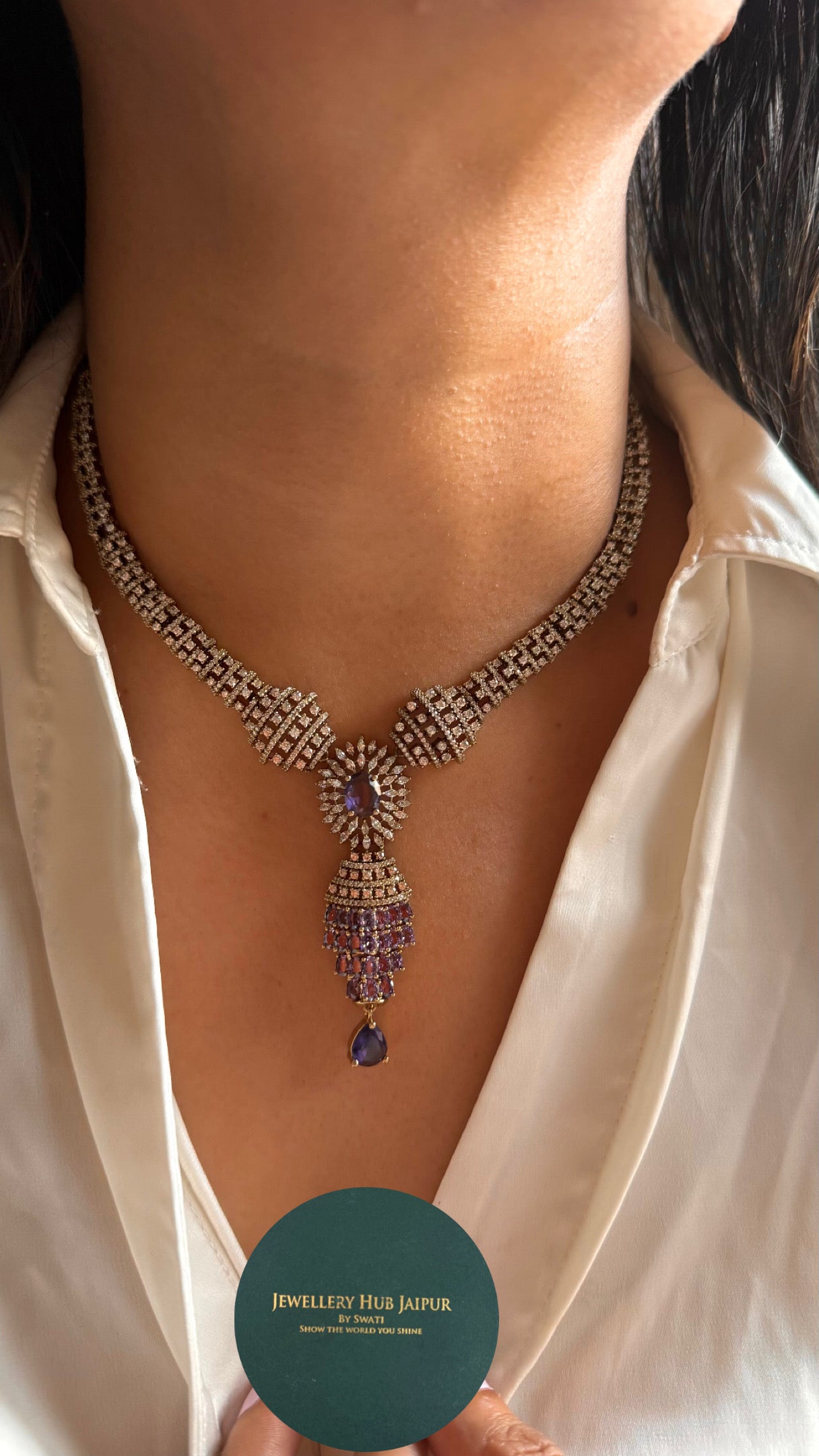 Sapphire doublets with cz diamond collar necklace