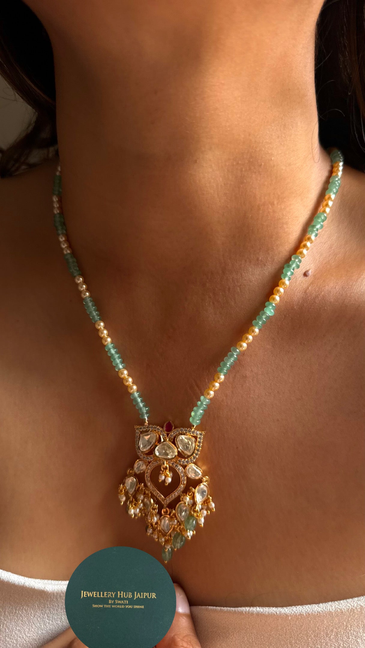 Real Moissanite peeli polki pendant set