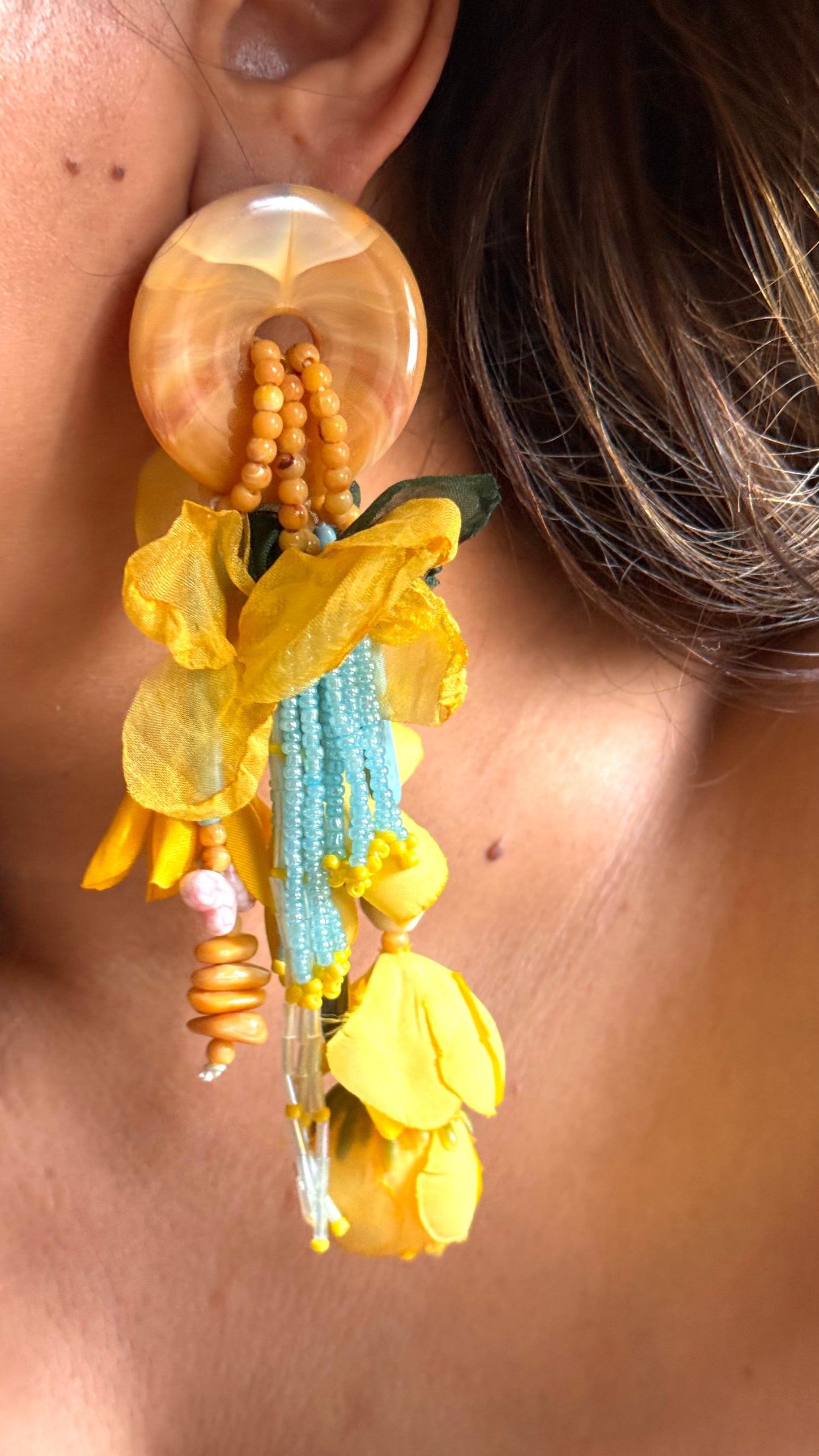 Yellow floral Carnival Danglers with hint of blue