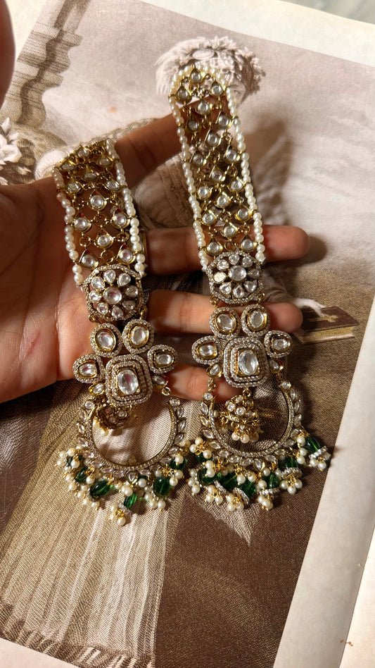 Emerald Mughal polki Chandbali with Kaanchain