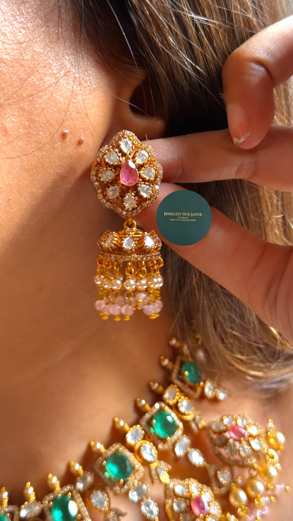 Prachi Rose quartz & emerald moissanite floral collar set