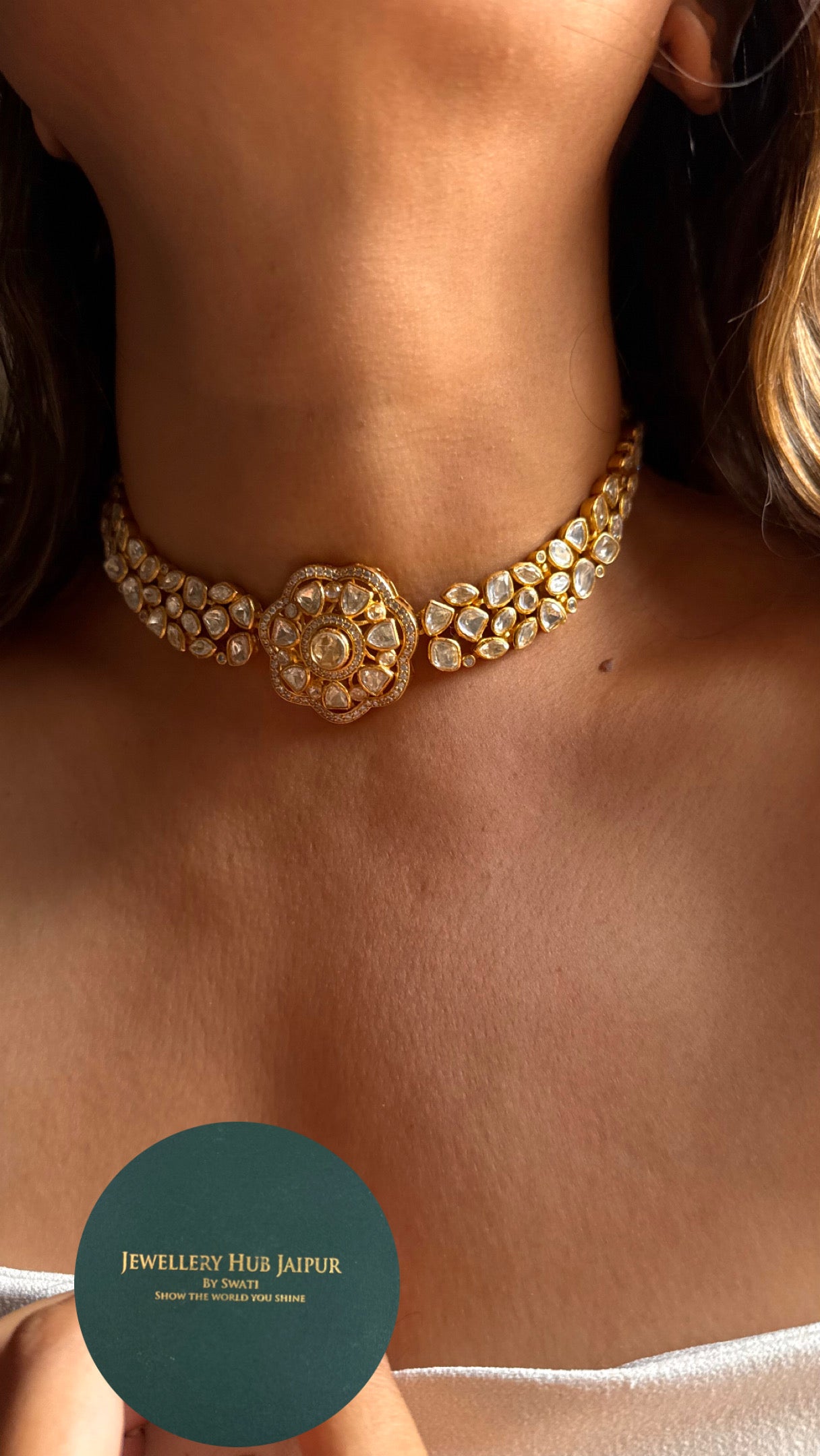 Floral real Moissanite peeli polki choker