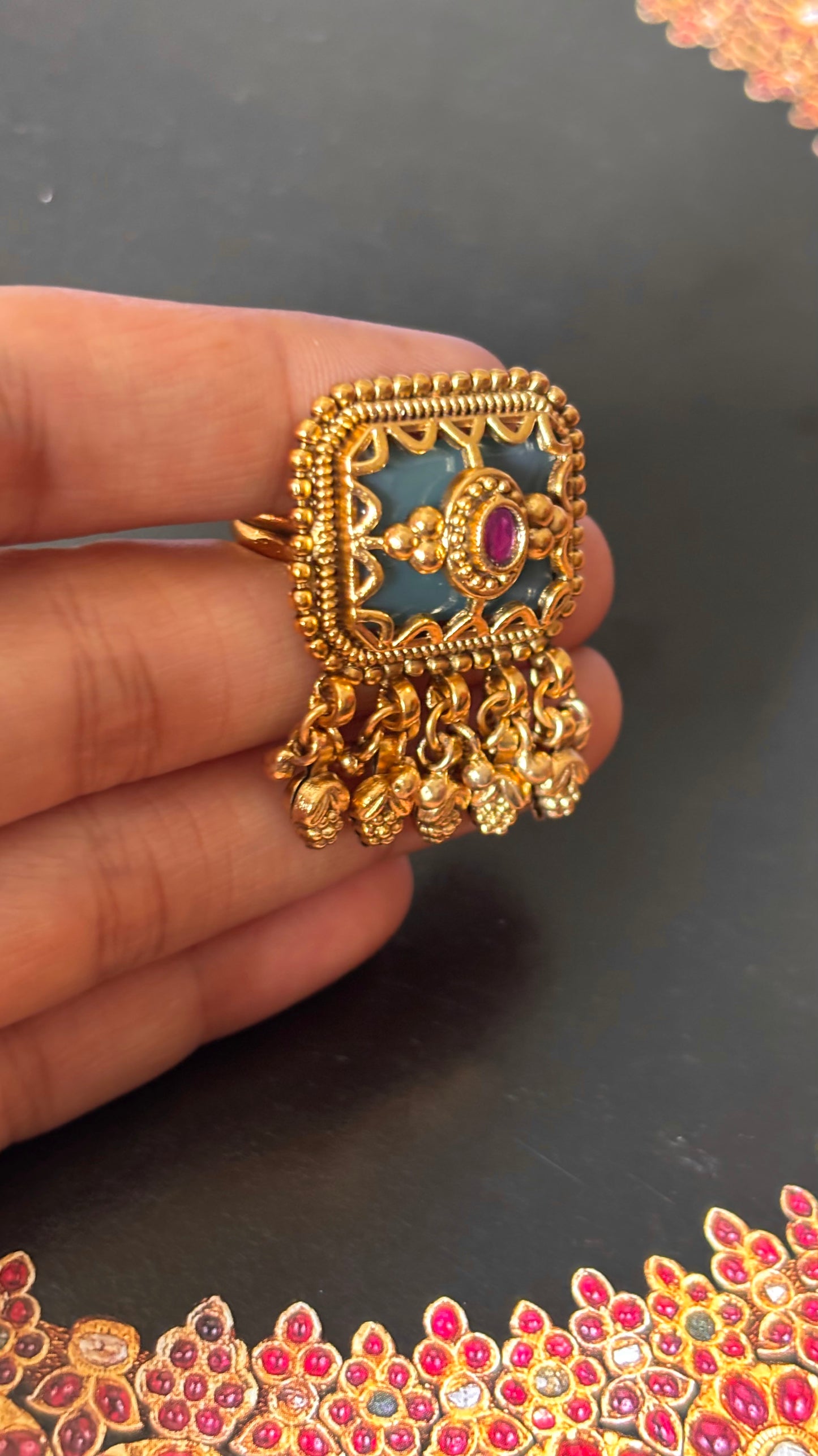 Rani pink with gungroo drops golden adjustable ring