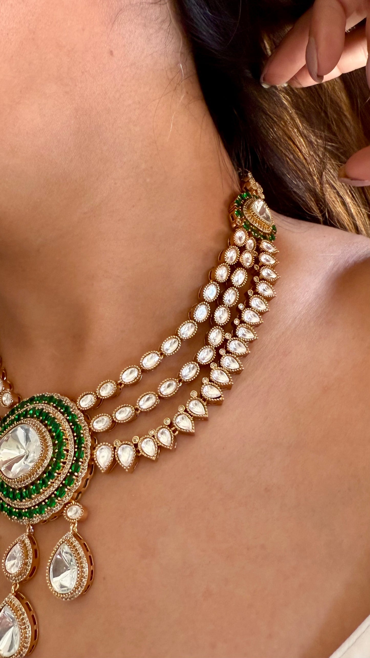Emerald moissanite polki drop triple layered collar necklace