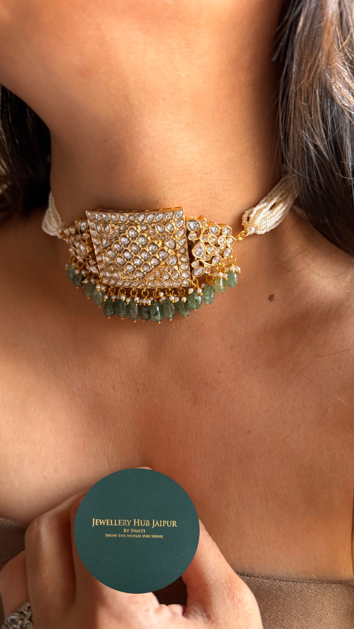 Paachi Kundan Jadaau with mint drops  thread choker necklace