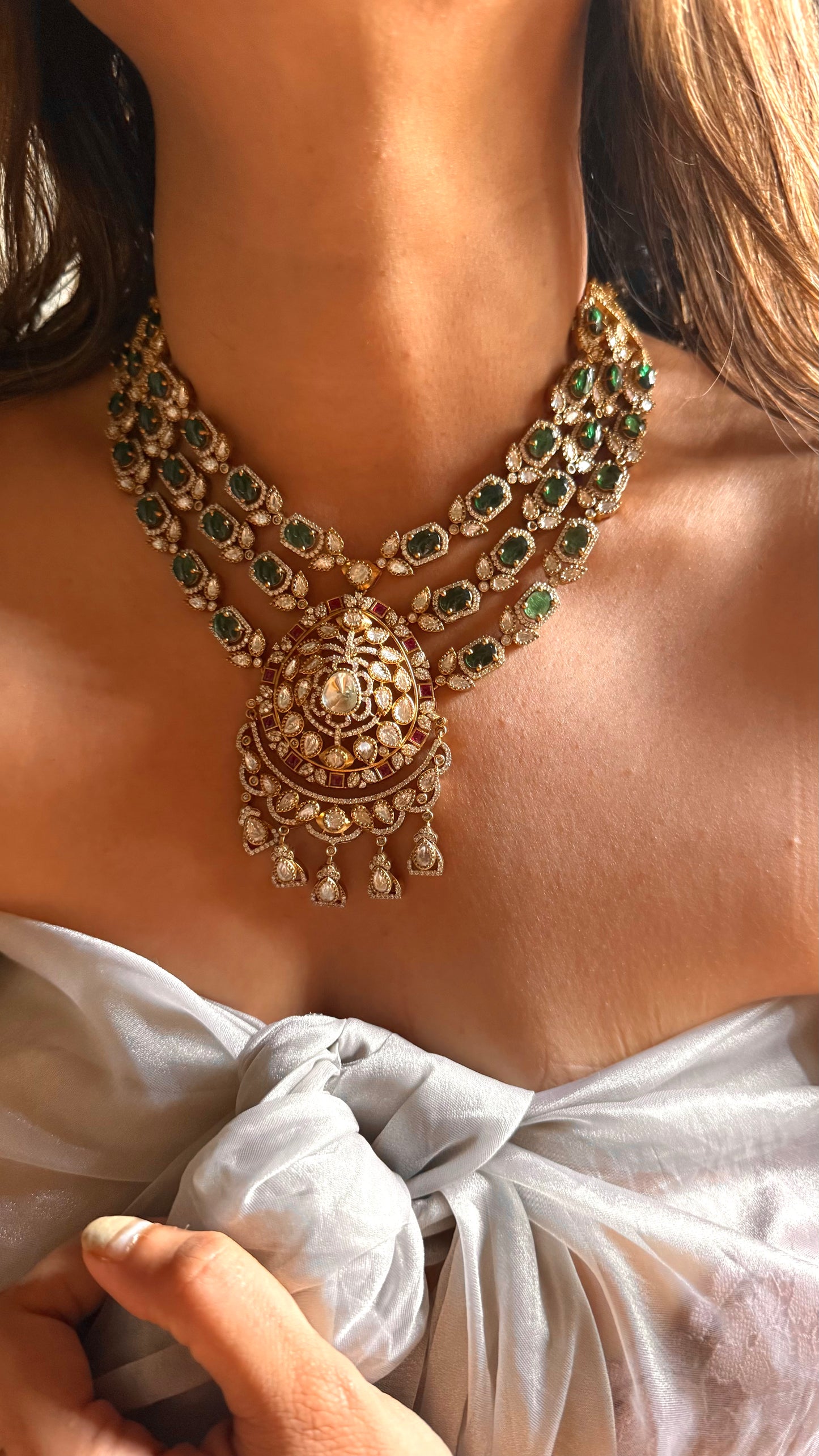 Emerald doublet moissanite 3 layer collar set