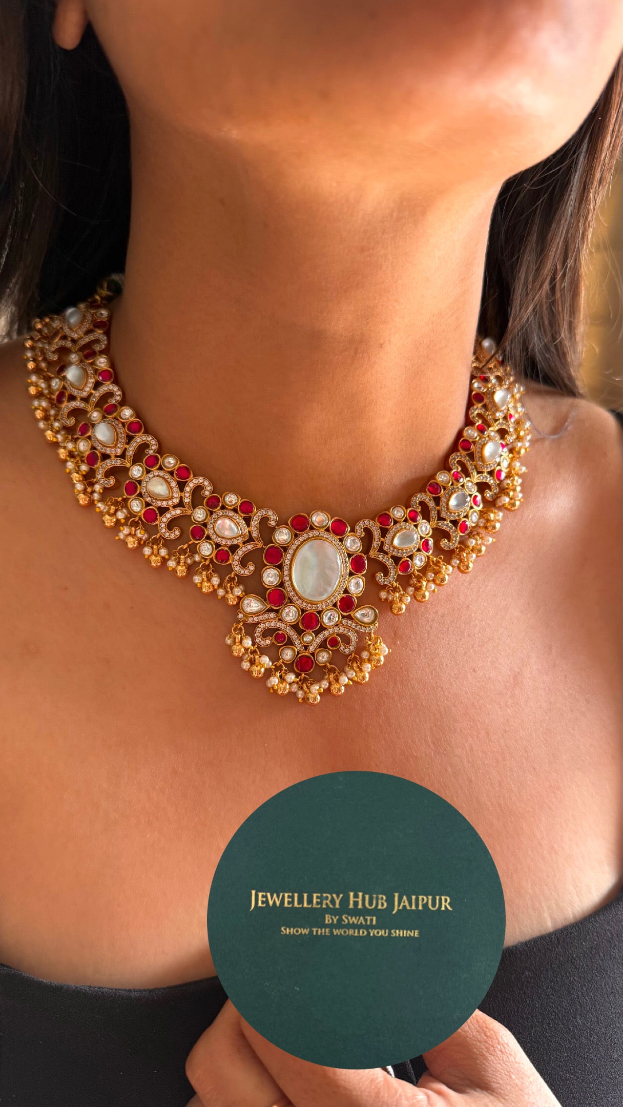 Amrapali inspired mother of pearl & rani pink designer collar necklace