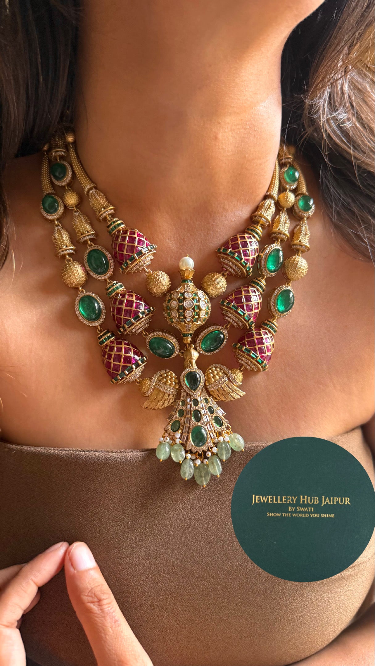 Emerald & Rani pink contemporary Necklace