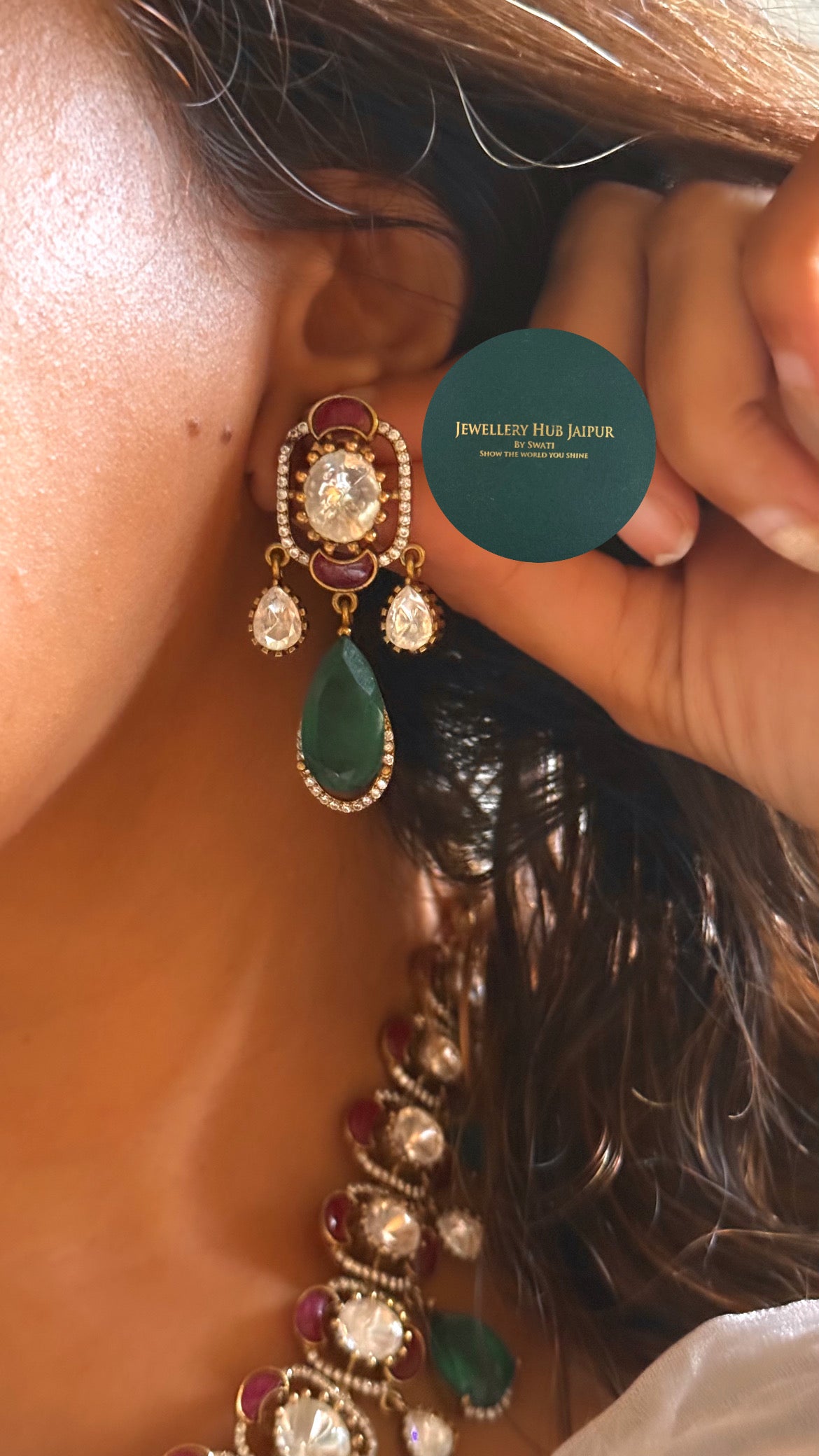 Emerald doublet drop with ruby katdana polki collar set