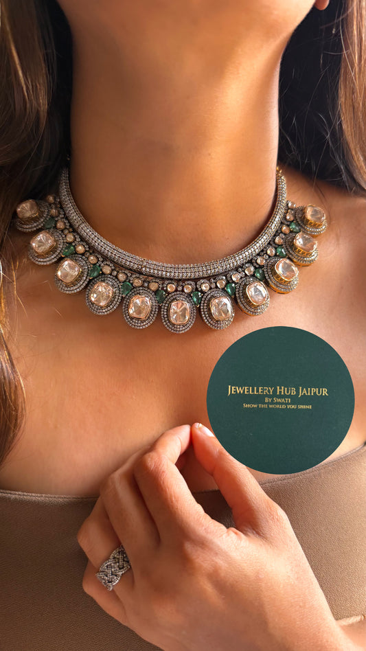 Real uncut moissanite polki  & mint Swarovski designer collar set