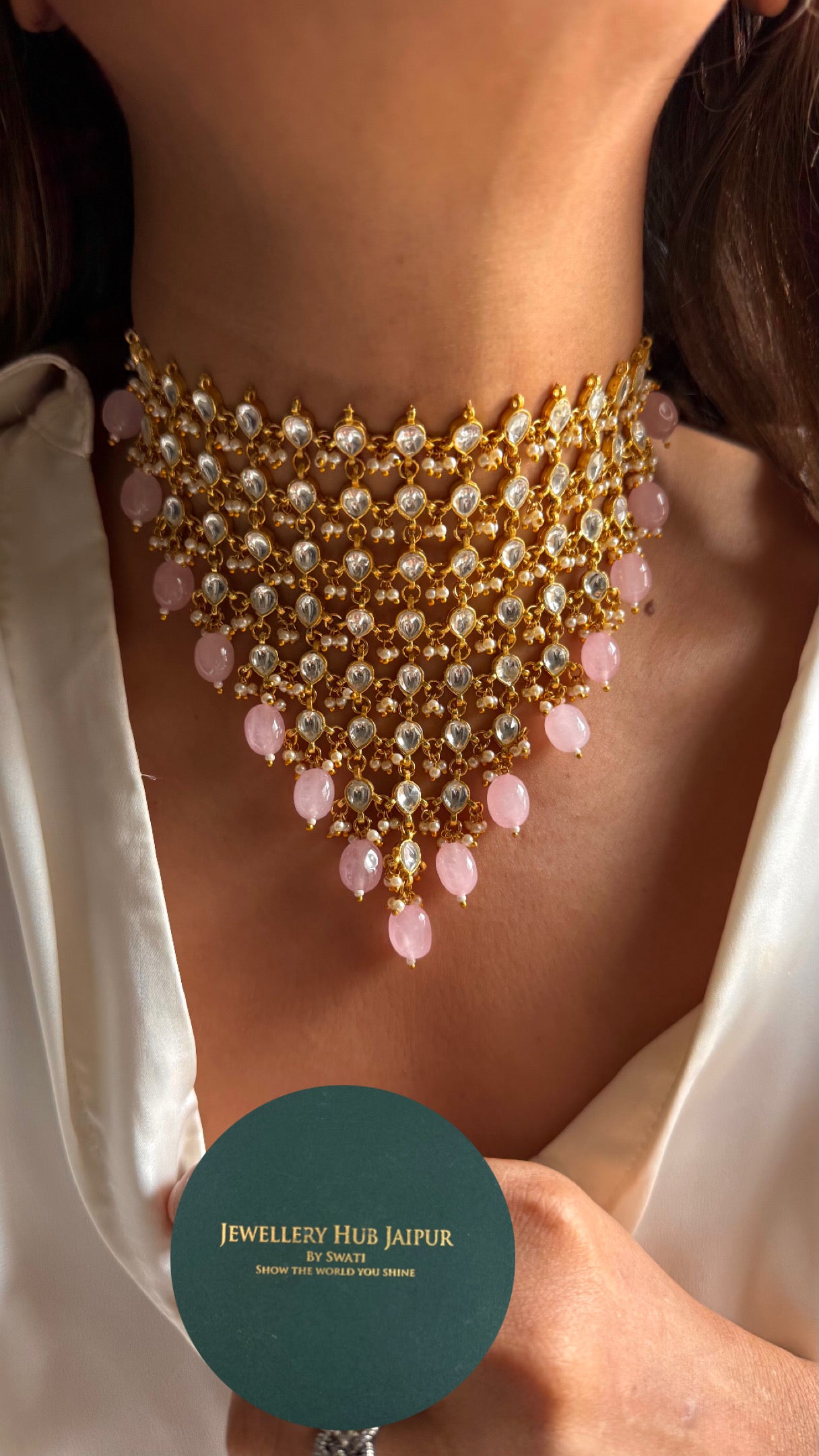8 layered paachi Kundan rose quartz strawberry Necklace