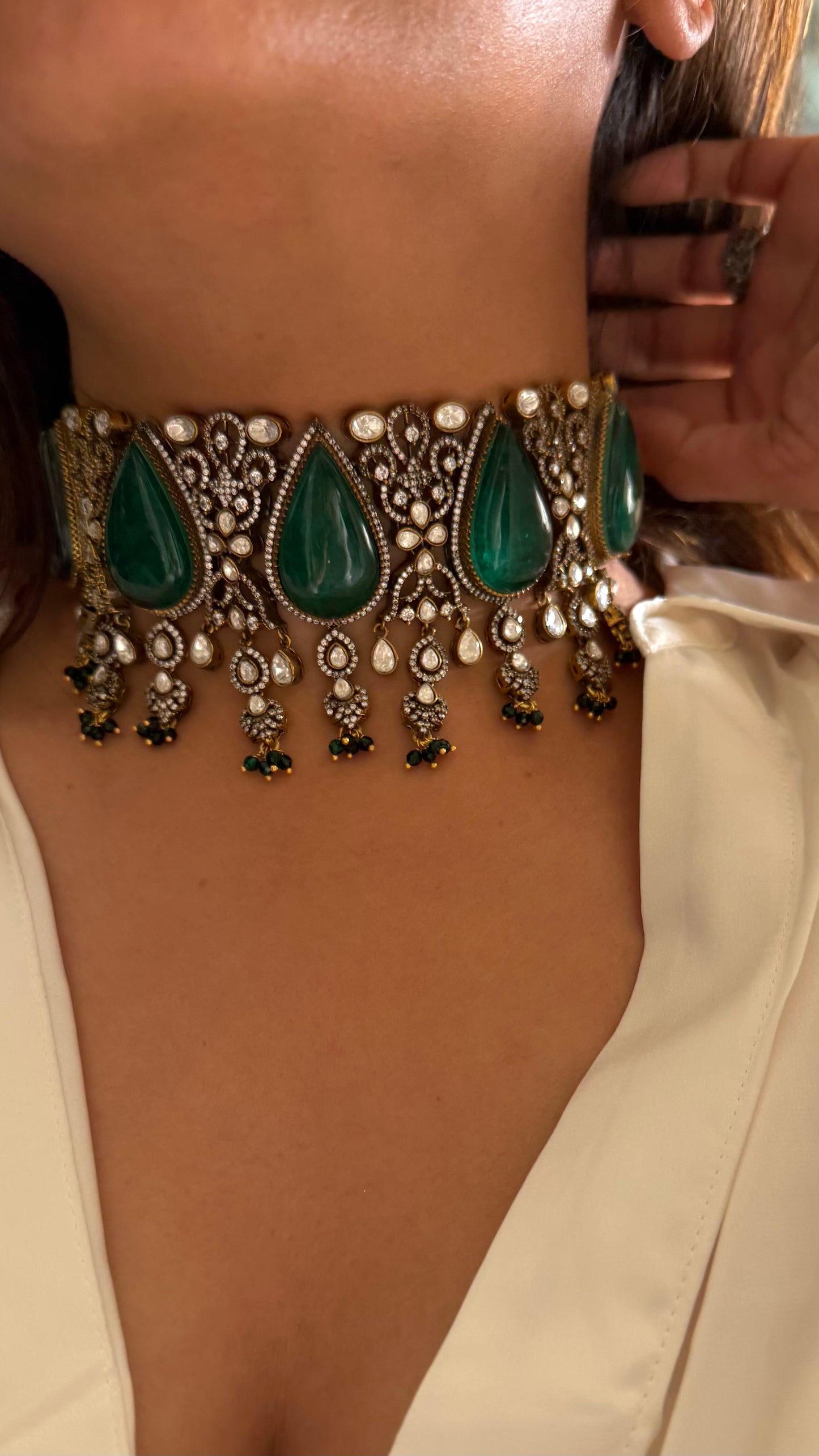 Yugma Emerald doublet victorian moissanite choker