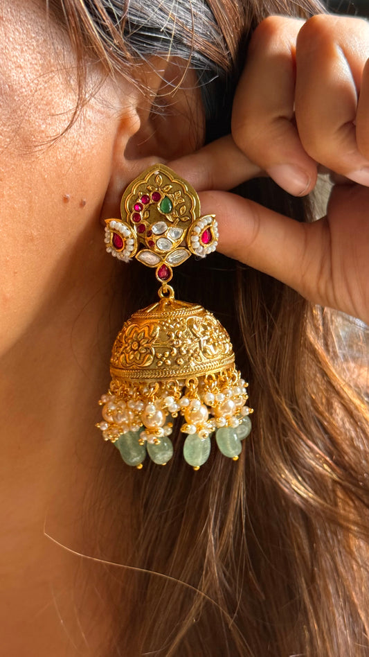 Rani pink & emerald golden heritage jhumka