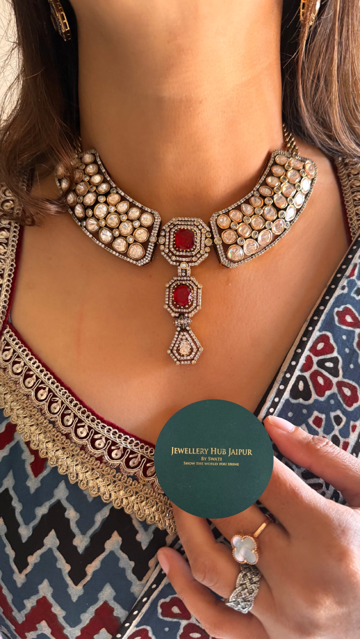 Ruby real moissanite peeli polki cocktail necklace