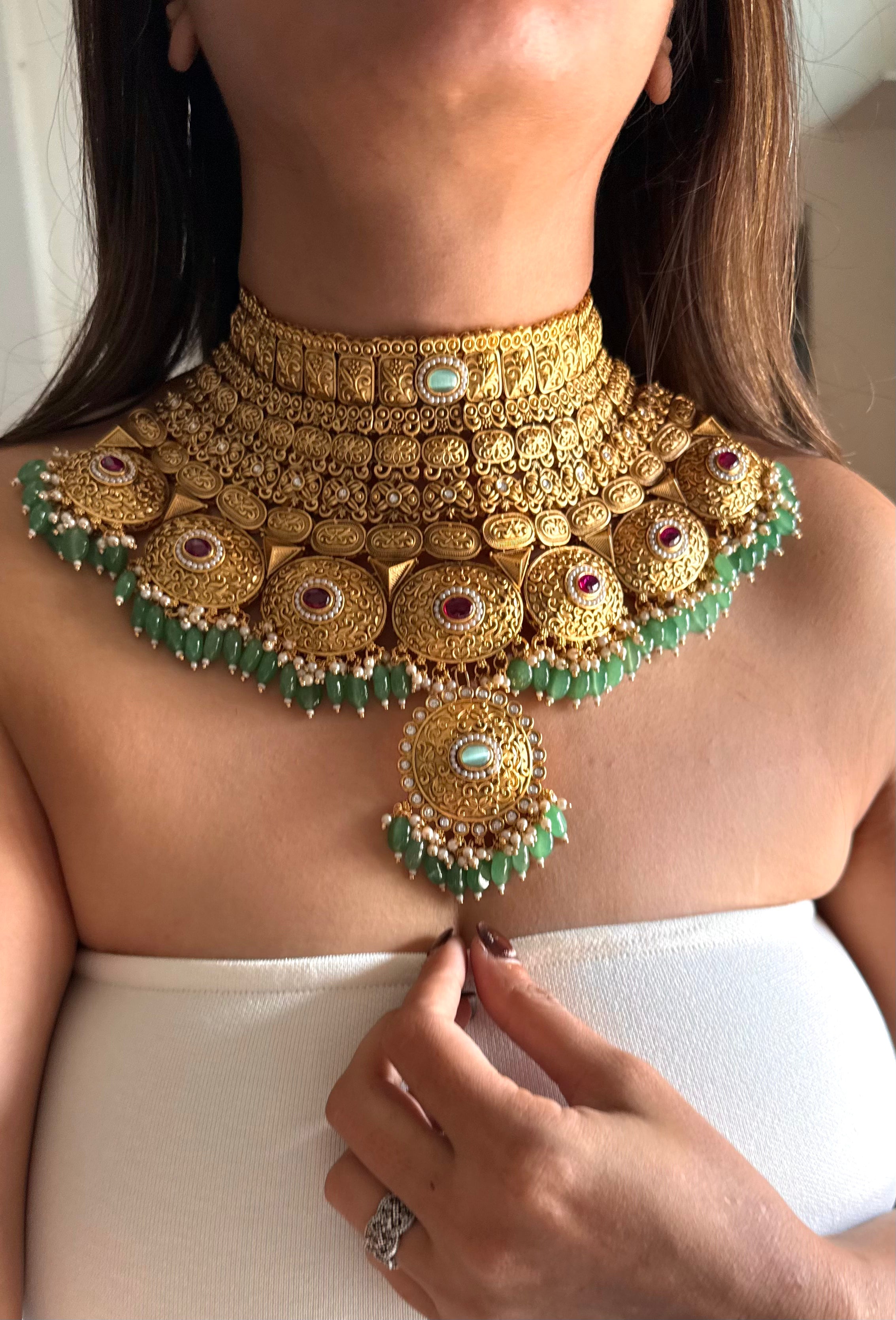 Maharani golden rani pink & mint bridal choker set