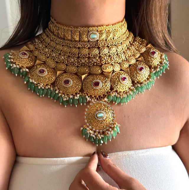 Maharani golden rani pink & mint bridal choker set