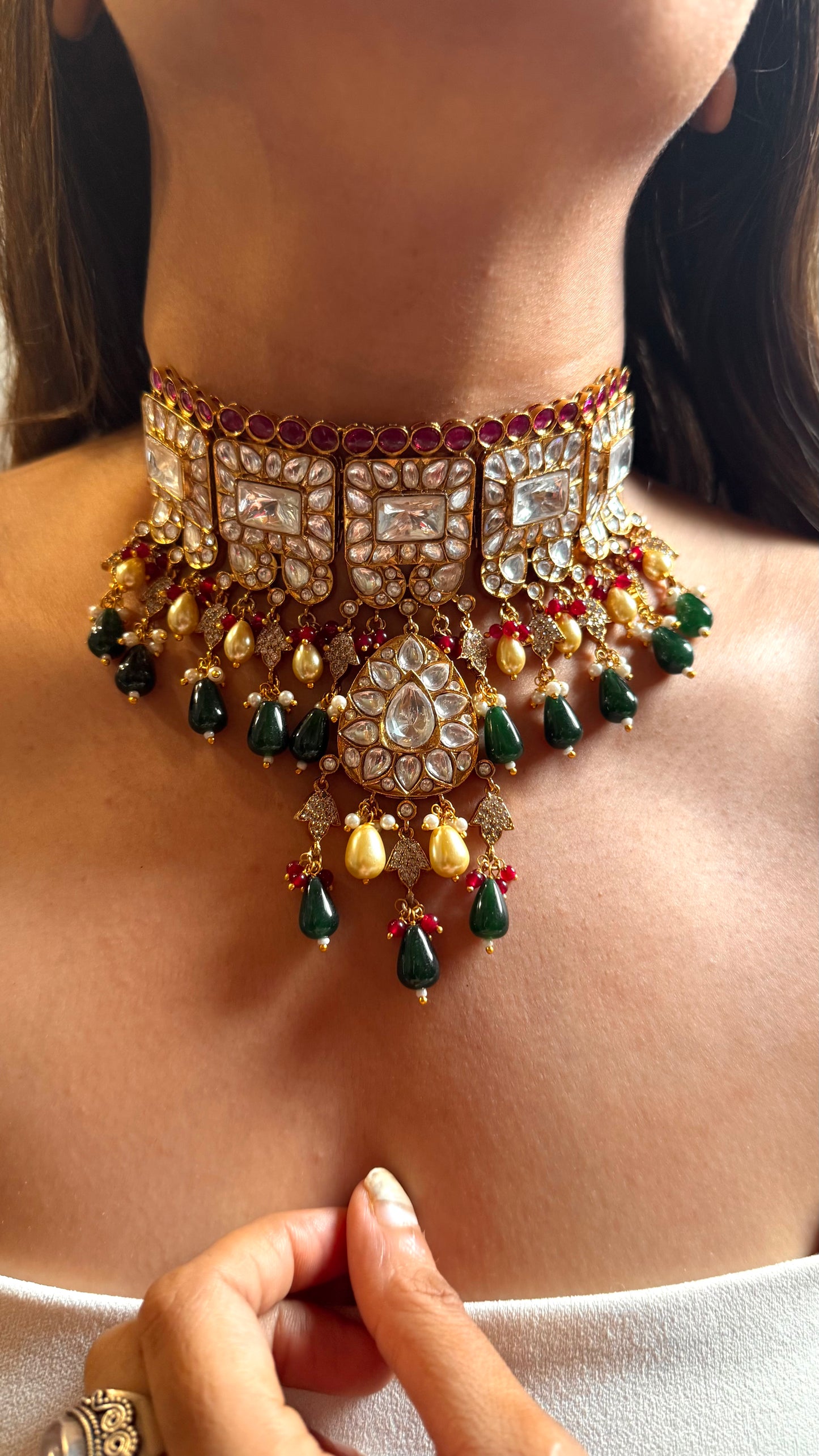 Ruby & polki kundan with emerald & pearl drop choker set