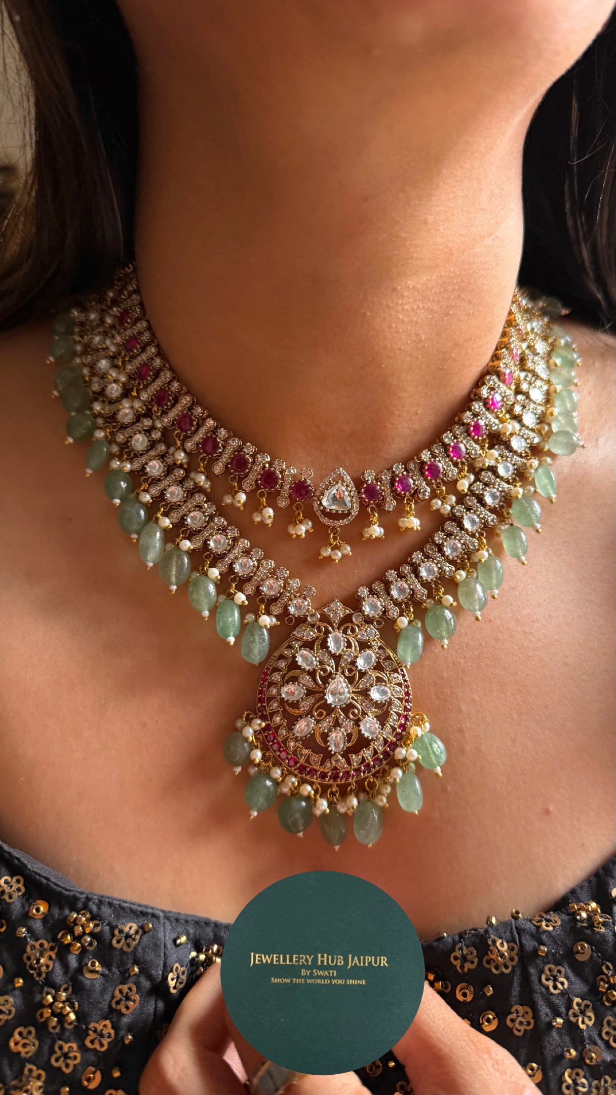Rani pink with mint drops dual line necklace