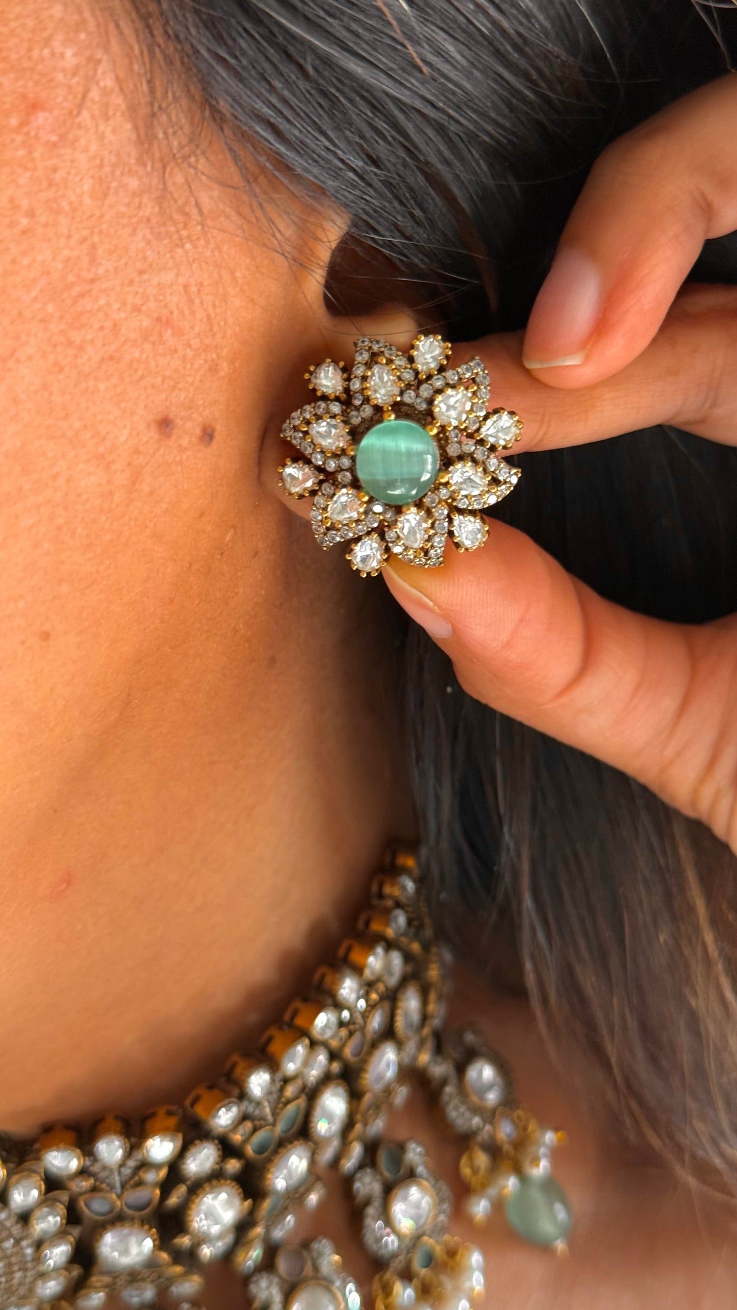 Mint & pink Victorian choker with studs