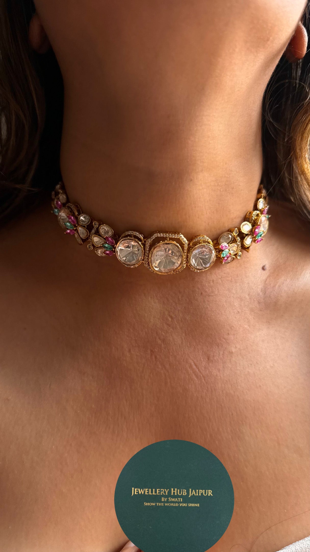 Real Moissanite peeli polki mint pink necklace