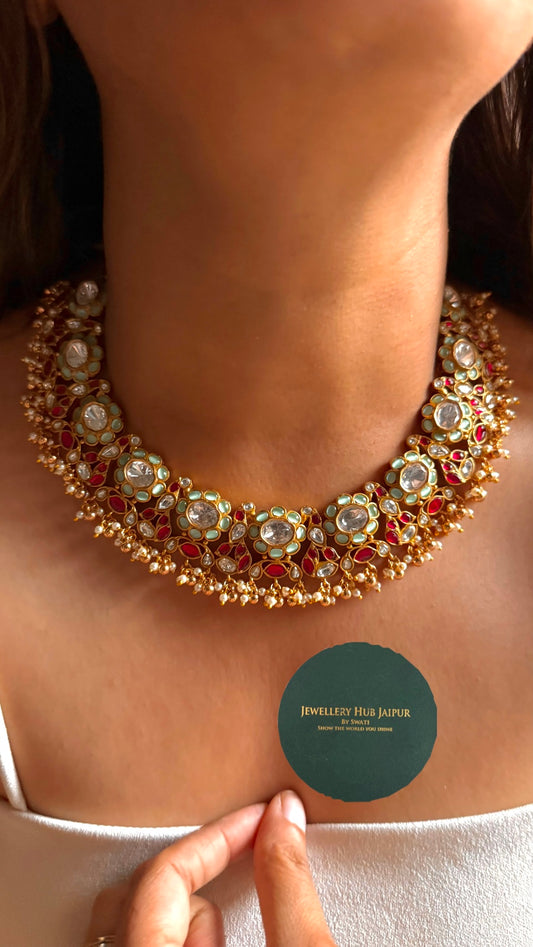 Mint & rani pink flora paachi kundan Necklace