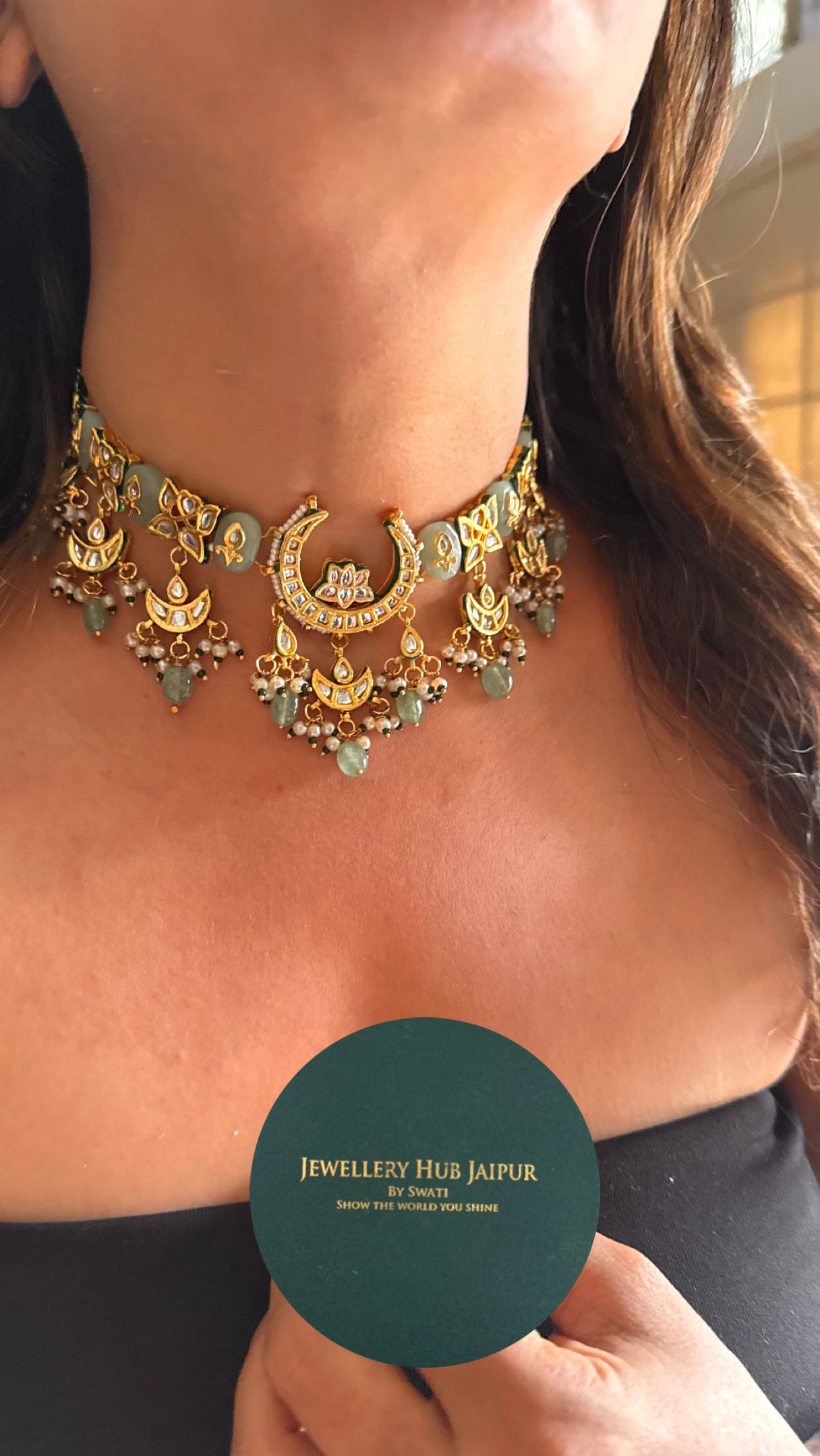 Mint inlay half moon meenakari with mint drops choker Necklace