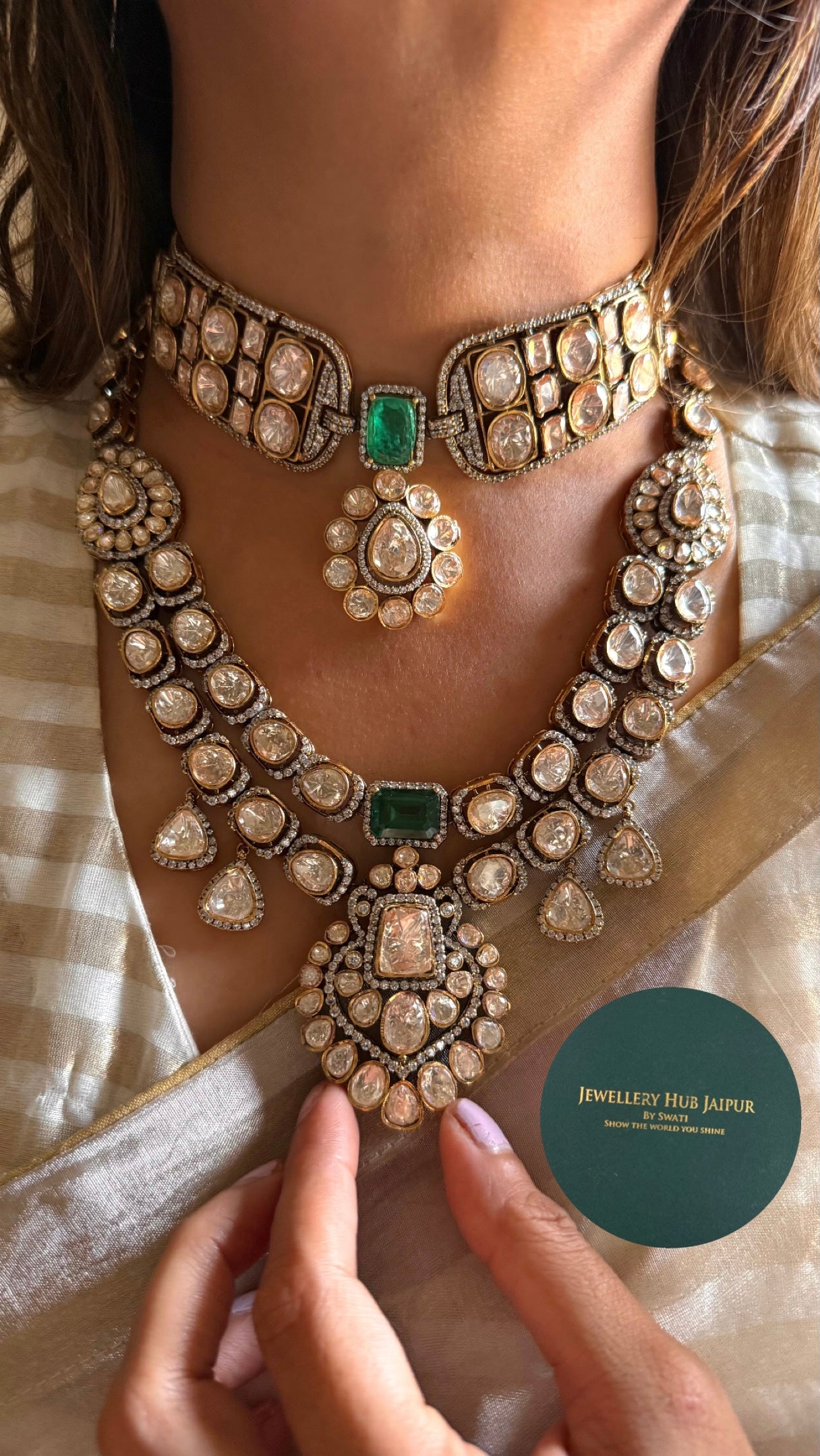 Emerald & mint doublets peeli polki combo Necklace