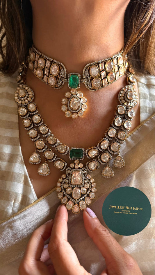 Emerald & mint doublets peeli polki combo Necklace