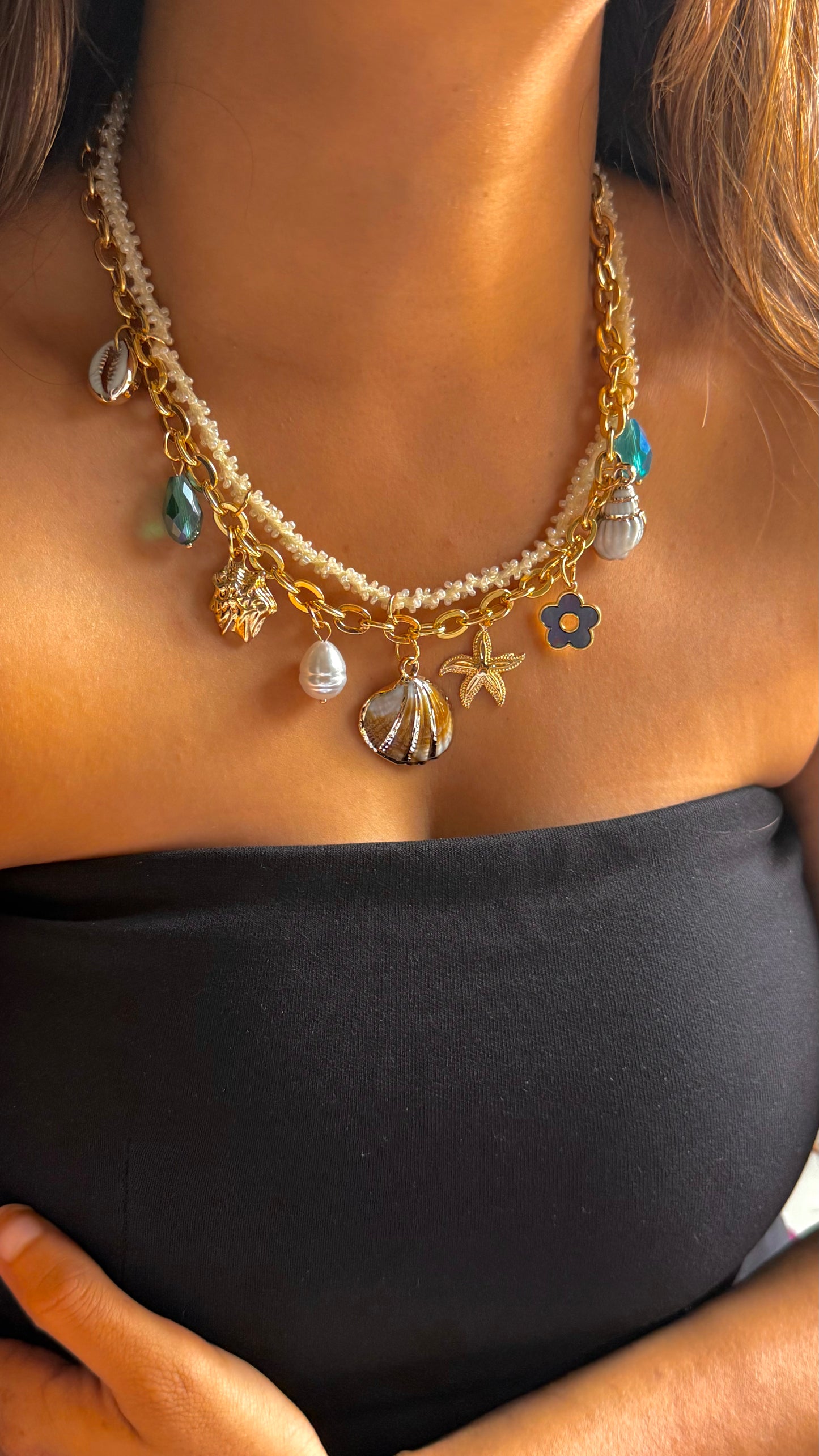 Beaded Multi-Chain Ocean/Beach Charm Necklace