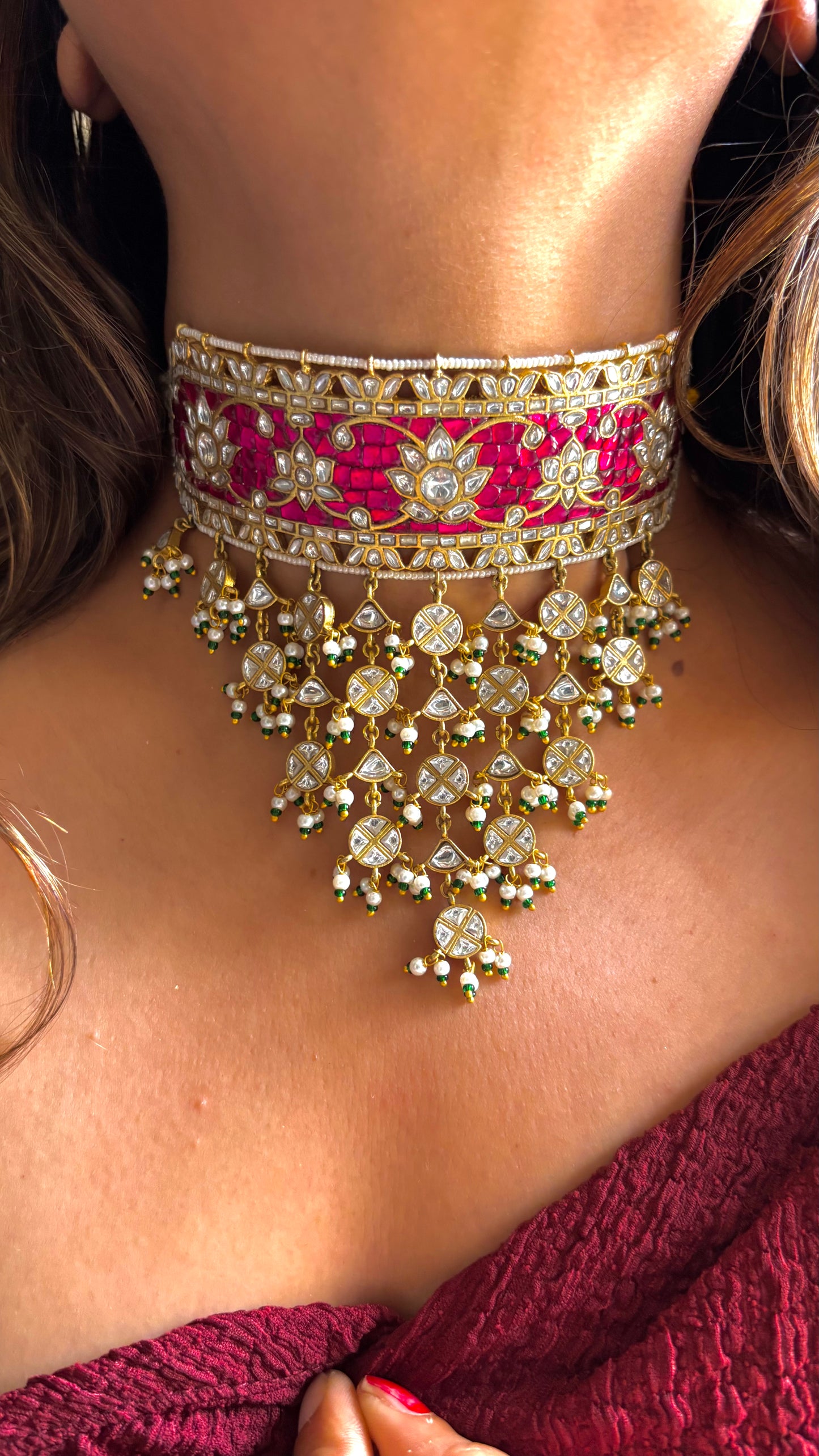 Rani pink nakshi paachi kundan polki aad