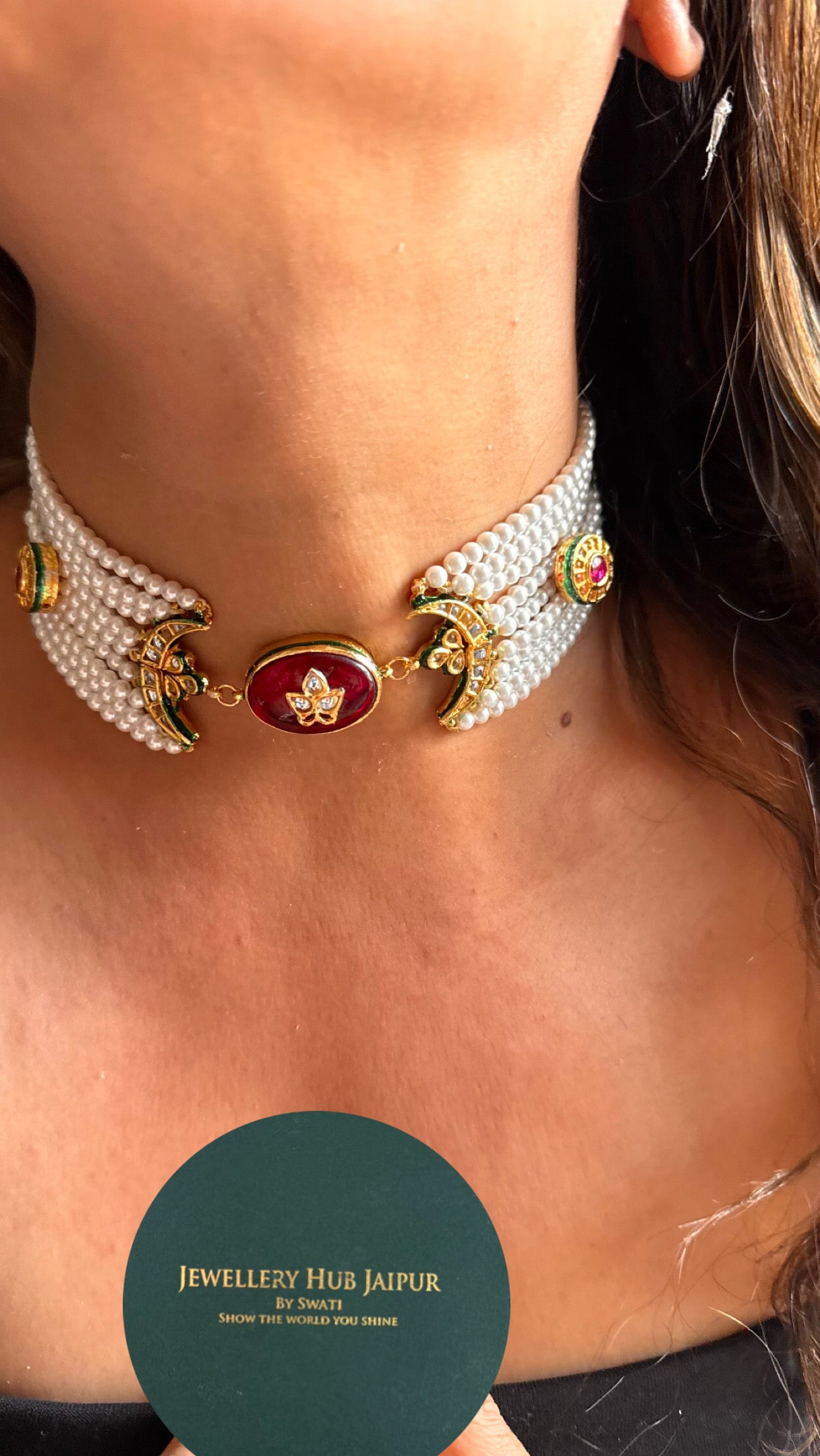 Ruby inlay meenakari work with half moon choker necklace set