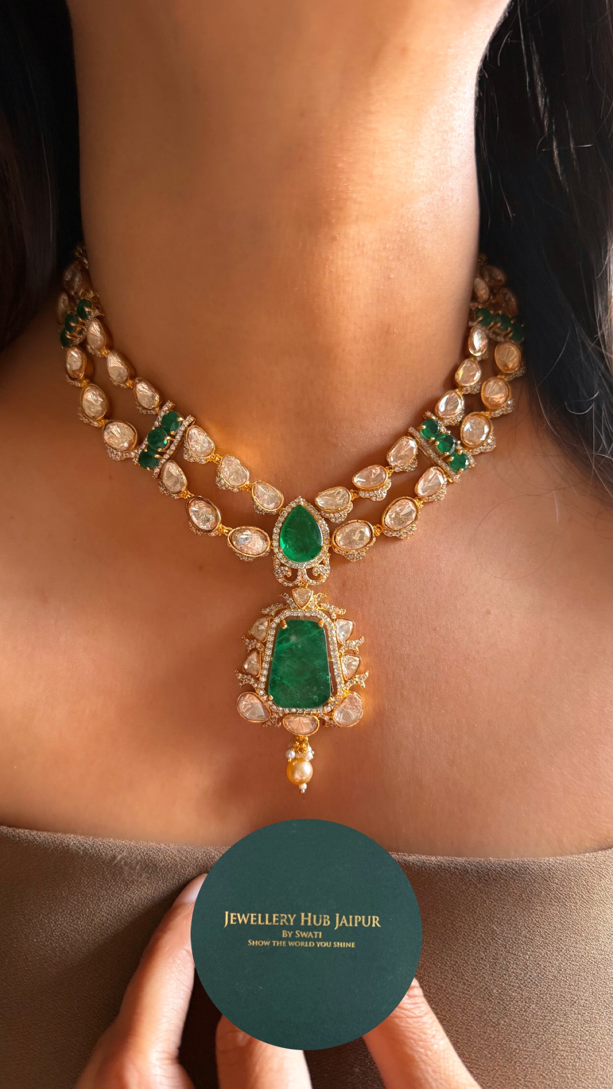 Emerald  peeli polki moissanite with dual line collar necklace