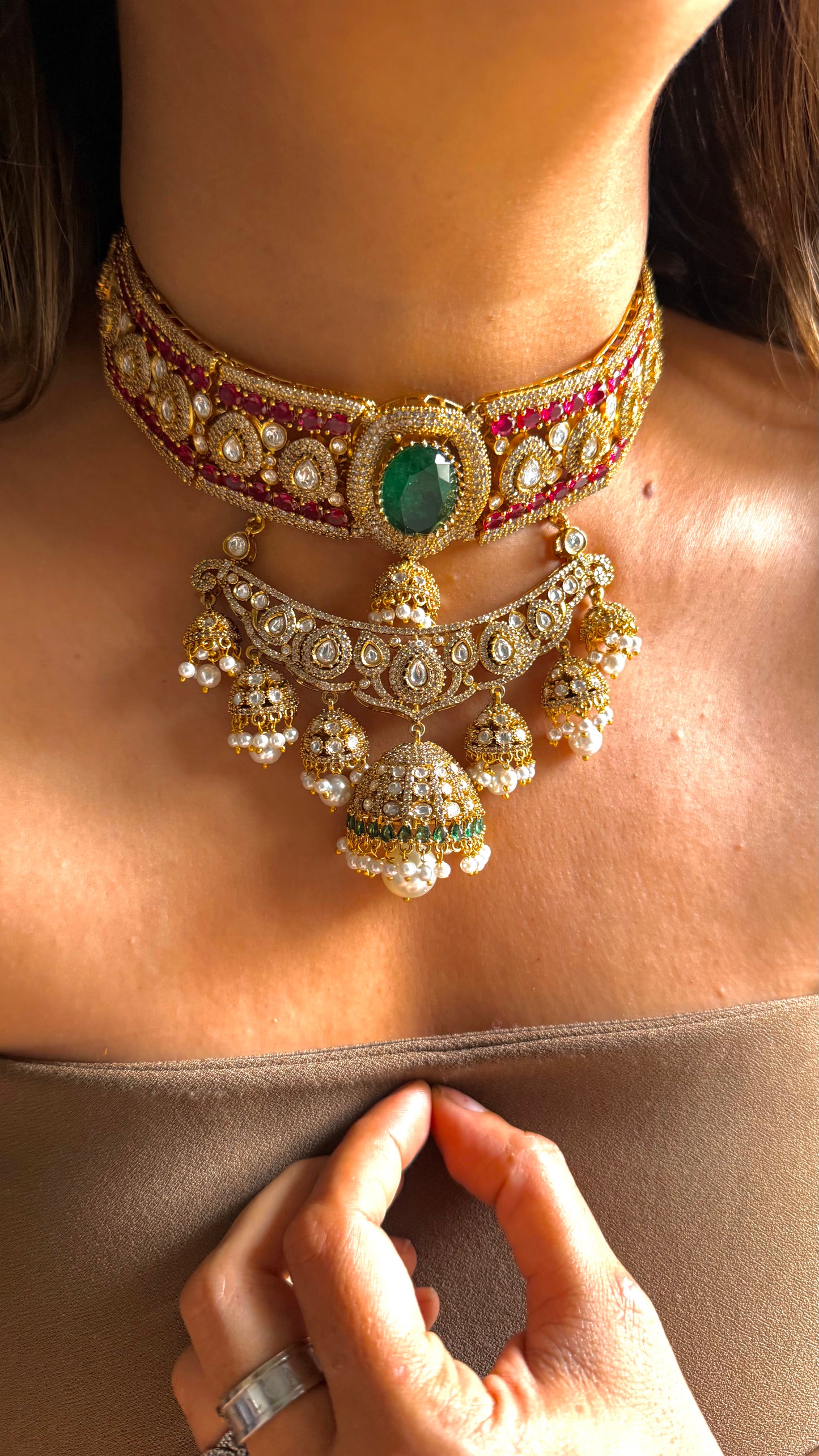 Emerald & Rani Pink jhumki necklace with pearl detailing