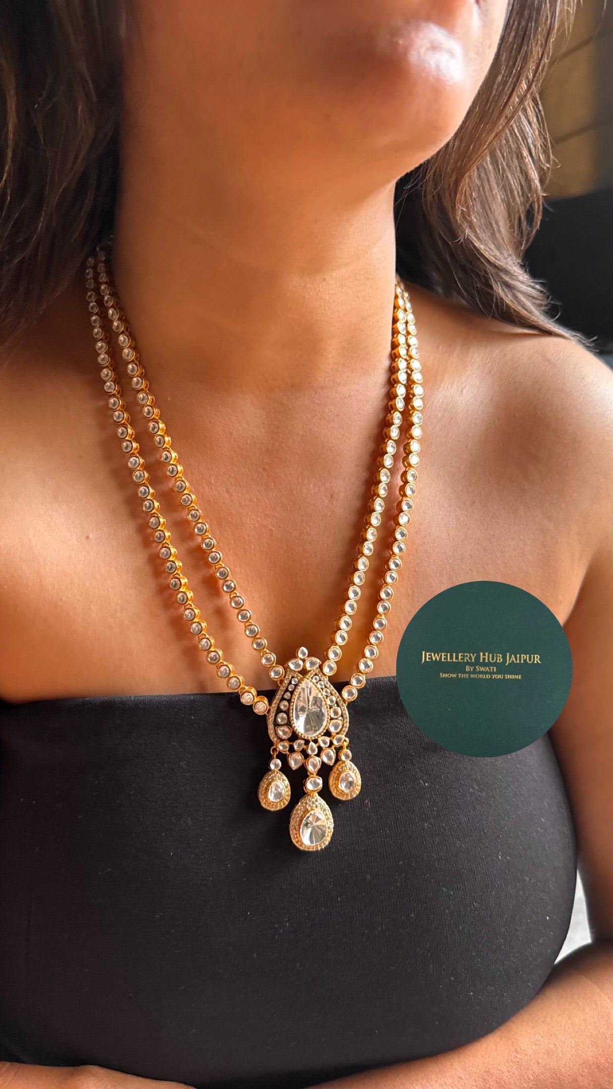 Dual line moissanite polki with pendant long Necklace
