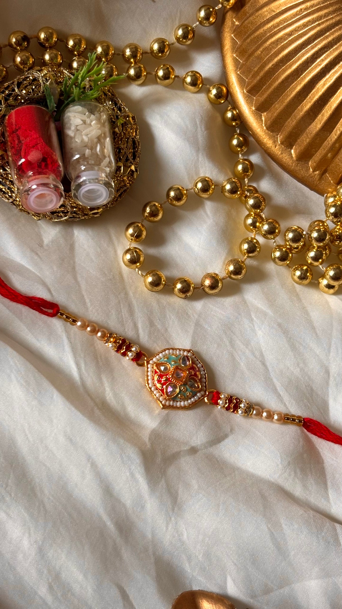 Red & firoza meenakari Kundan designer Rakhi ( shipping will be extra )