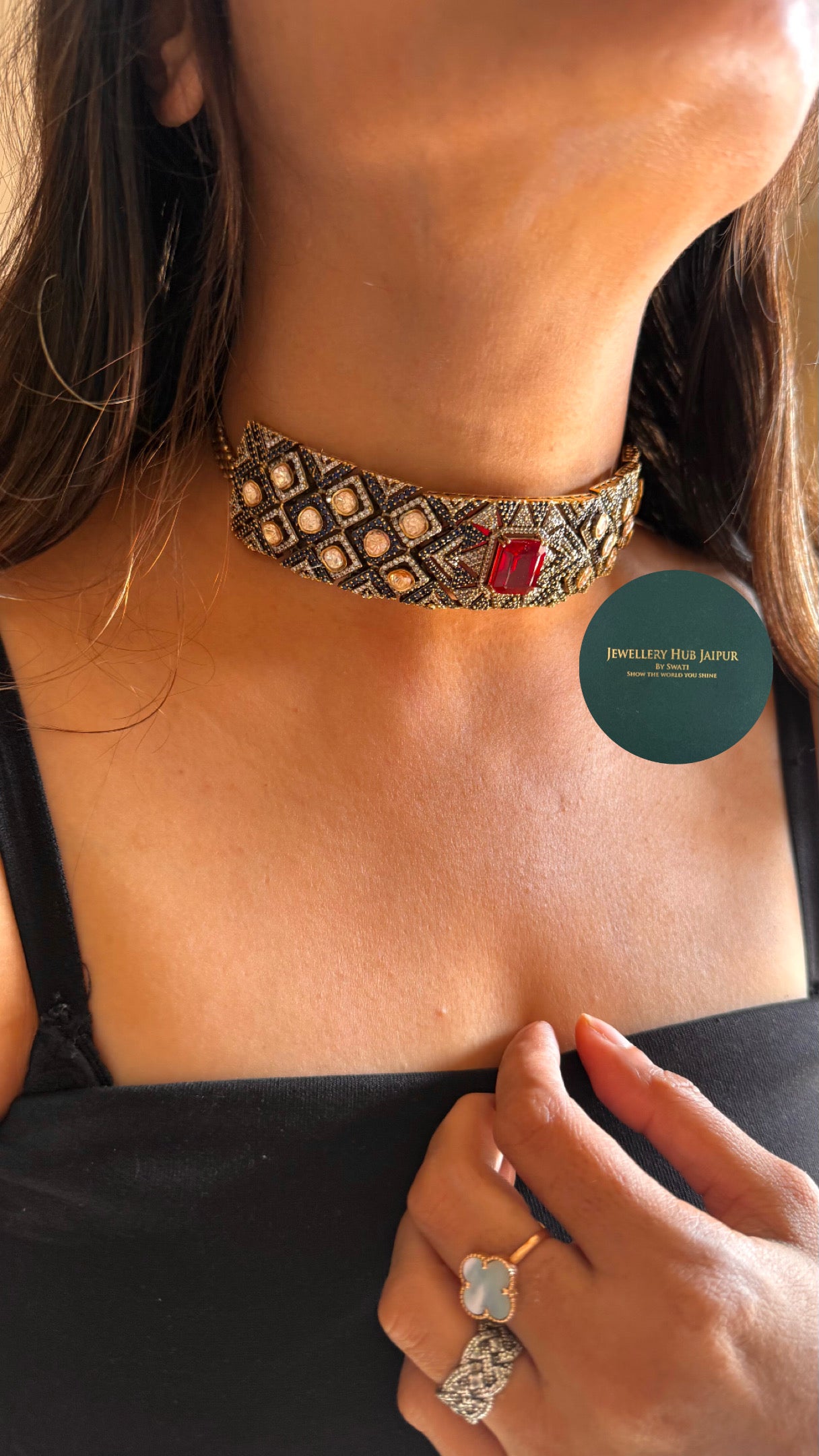 ruby & sapphire peeli polki designer necklace