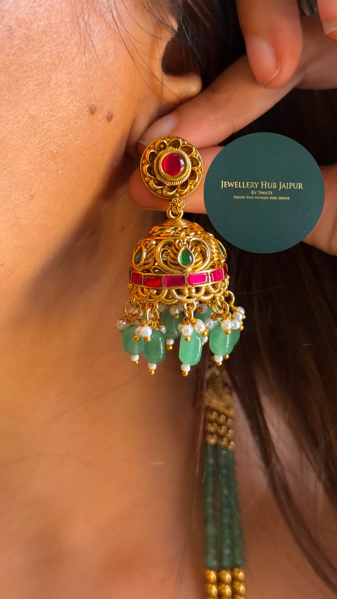 Rani pink & emerald with mint string long necklace set