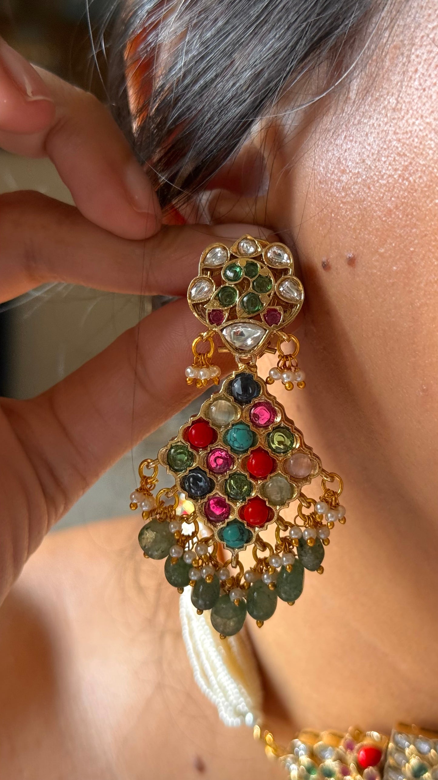 Paachi Kundan Jadaau multicoloured with mint drops  thread choker necklace