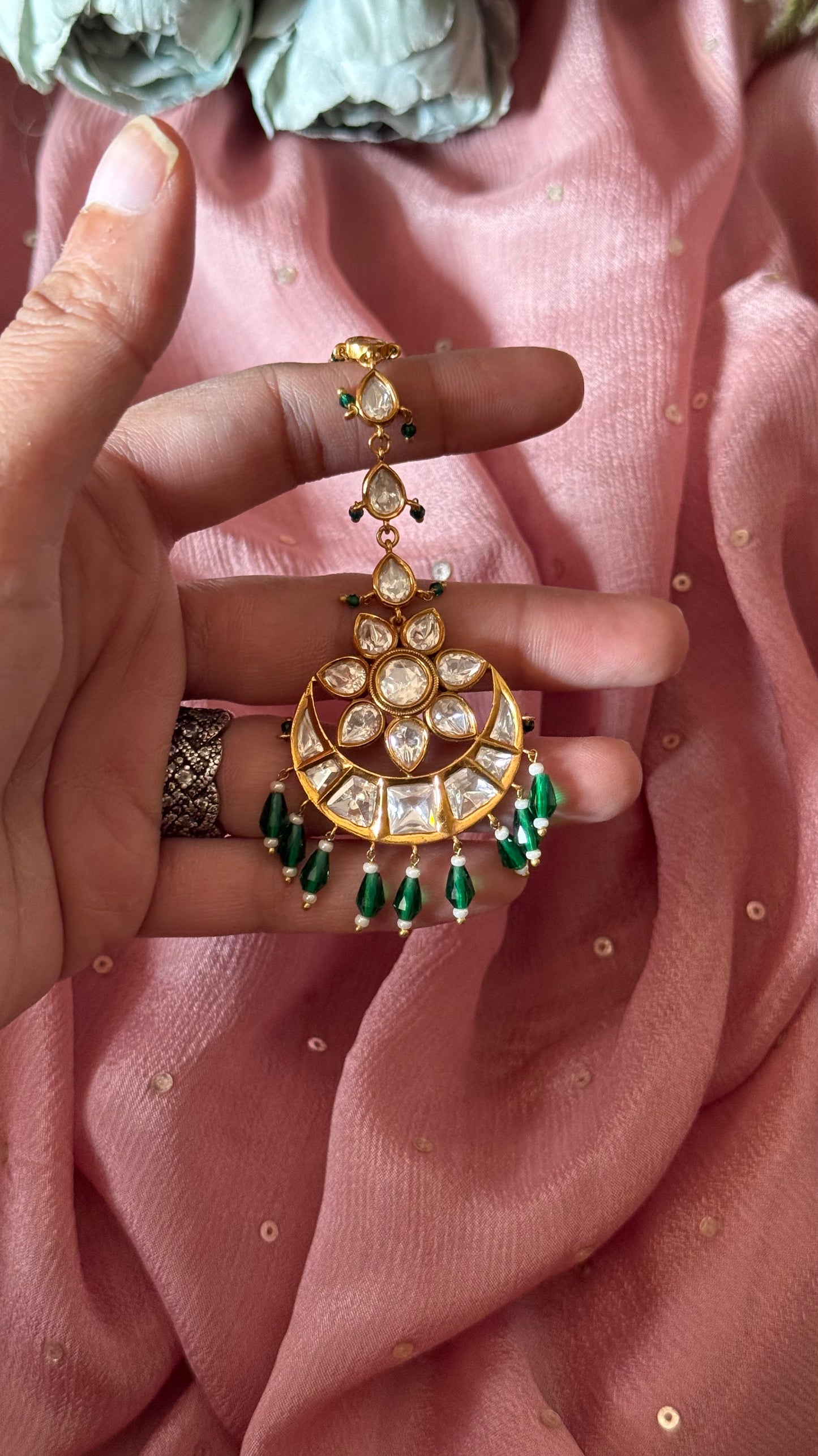 Emerald chandbali maangtika