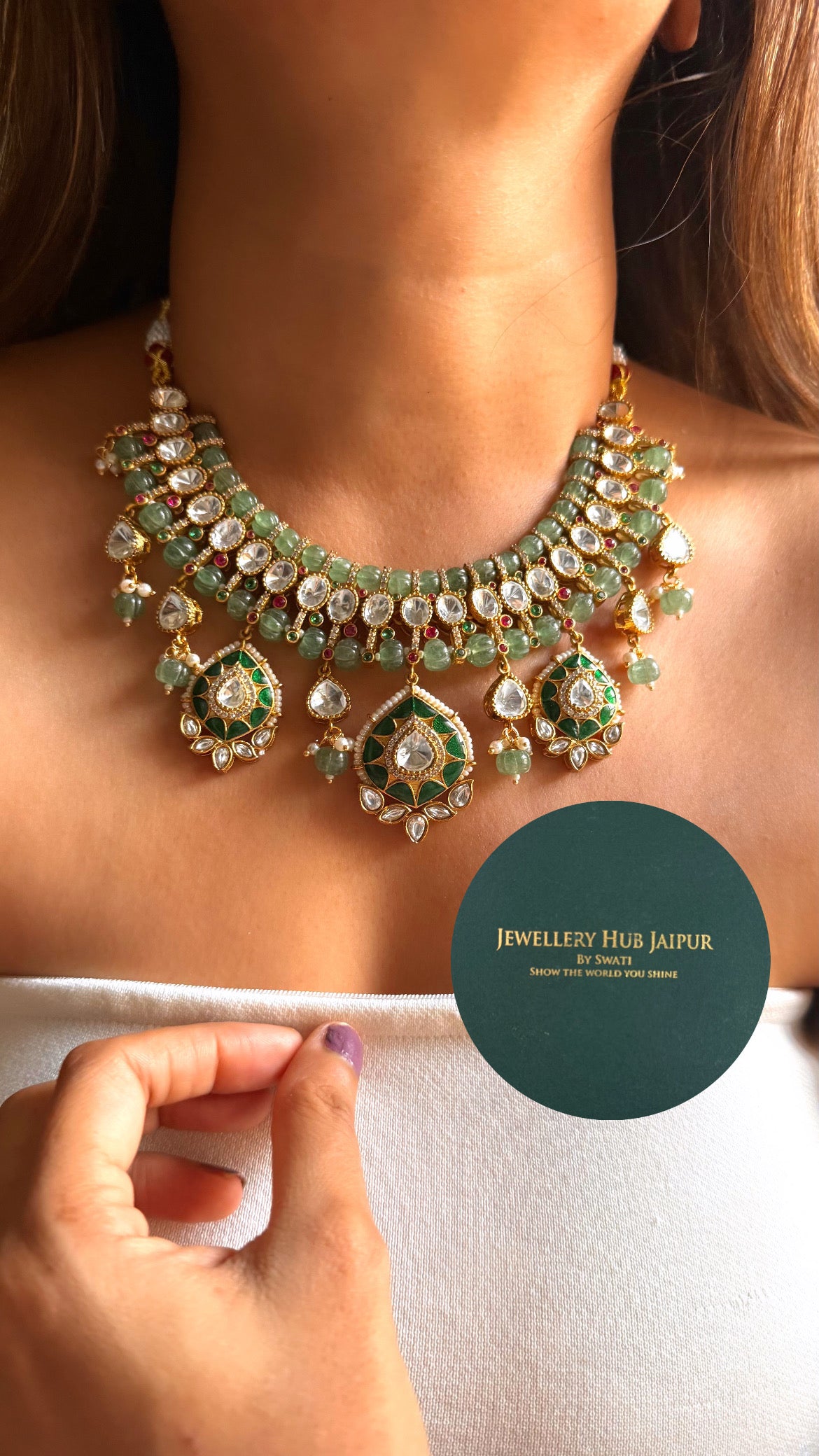 Mint rani pink doublet moissanite & emerald katdana collar set