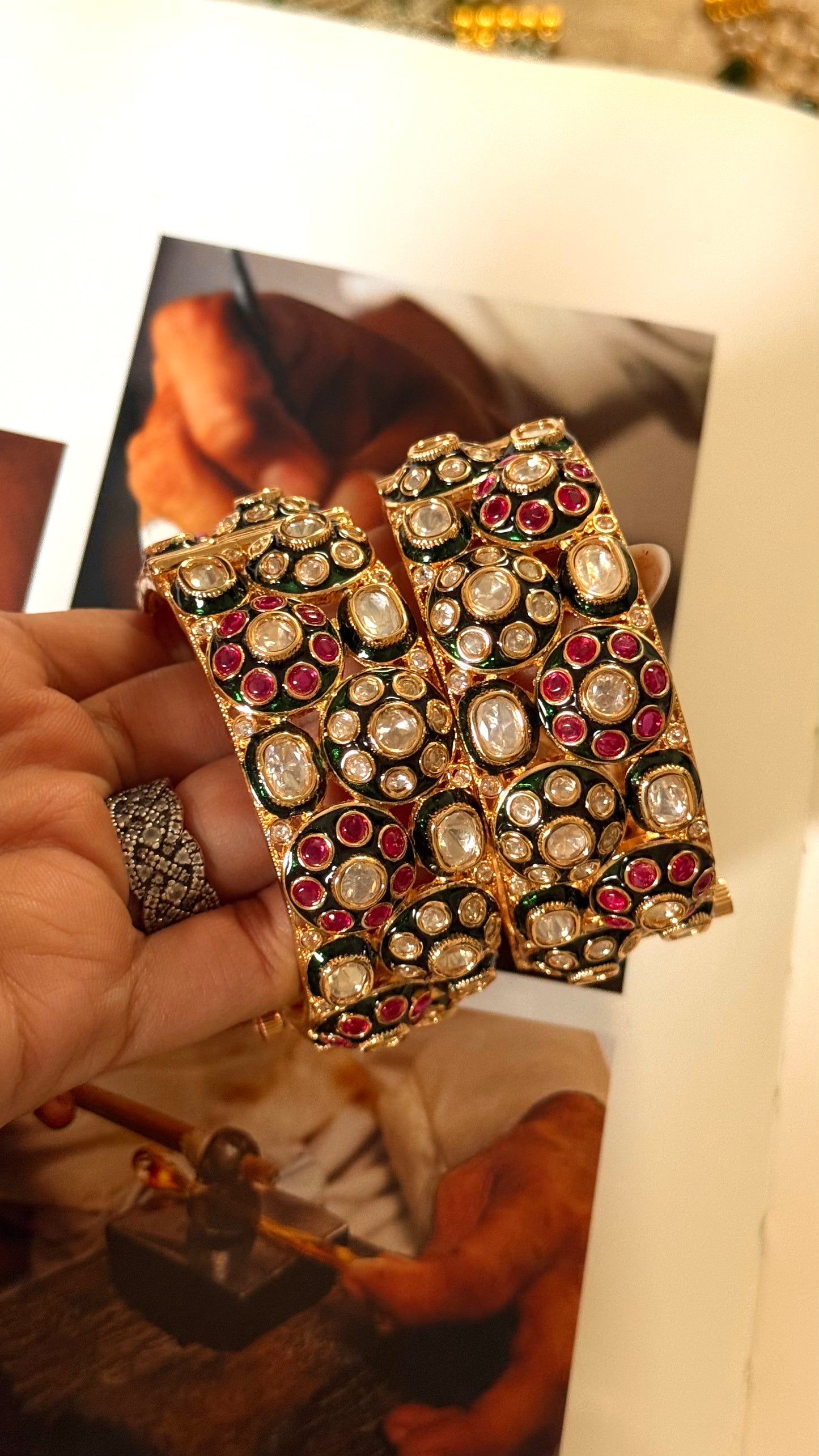 Emerald meenakari & rani pink floral polki openable bangle