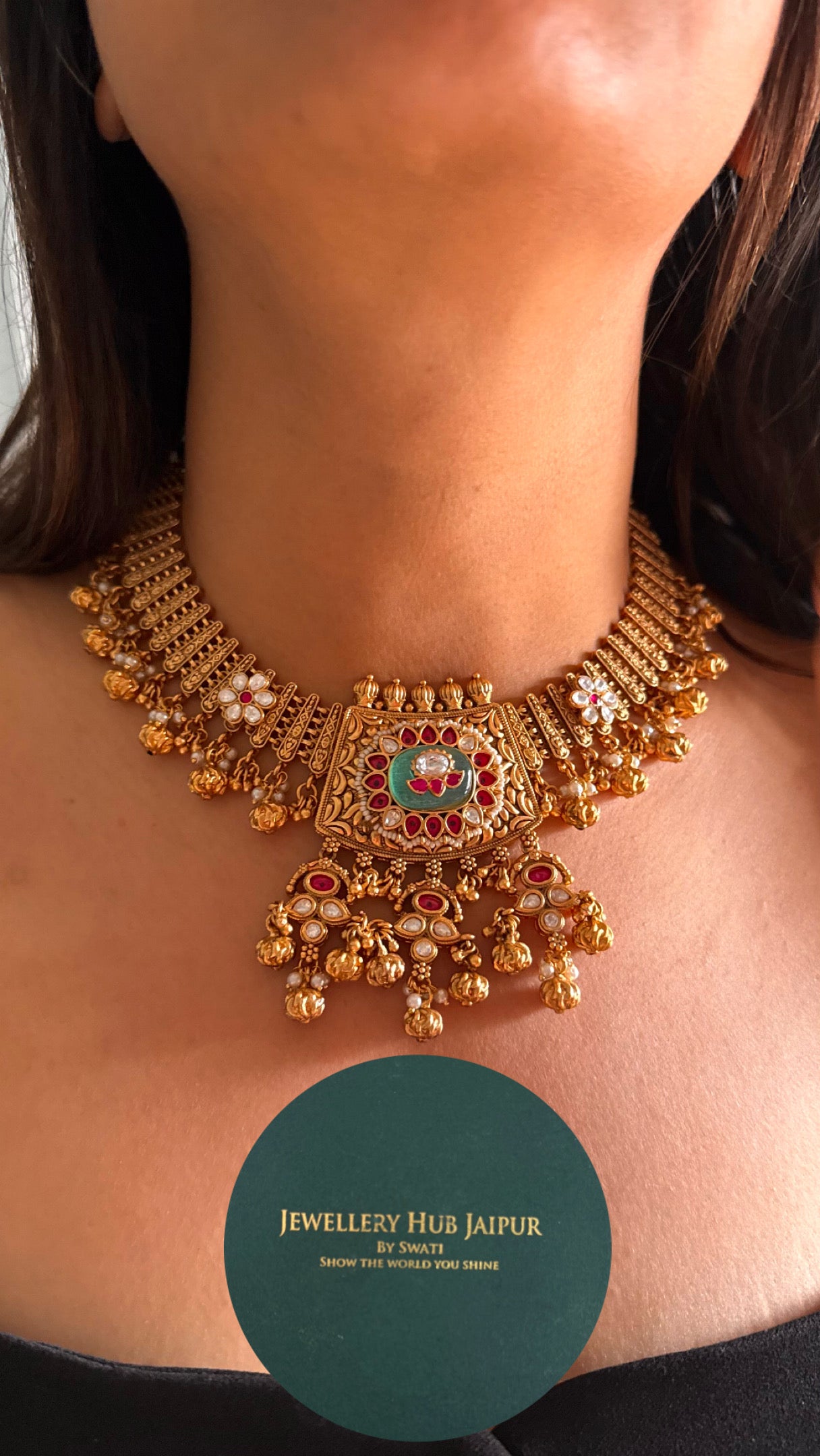 Rajwadi gold mint inlay necklace