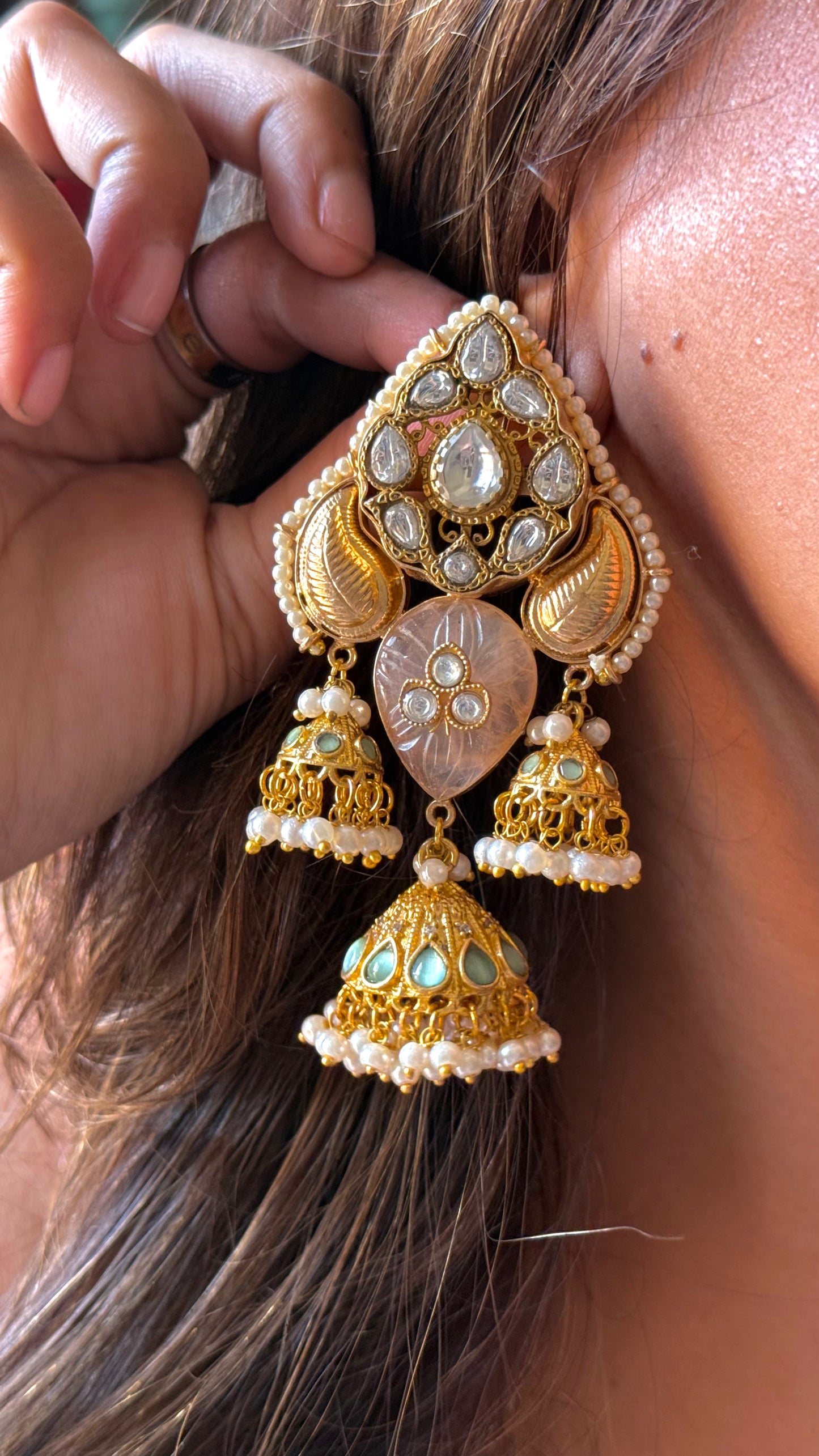 Amrapali inspired carving stone & inlay polki  triple jhumki dangler