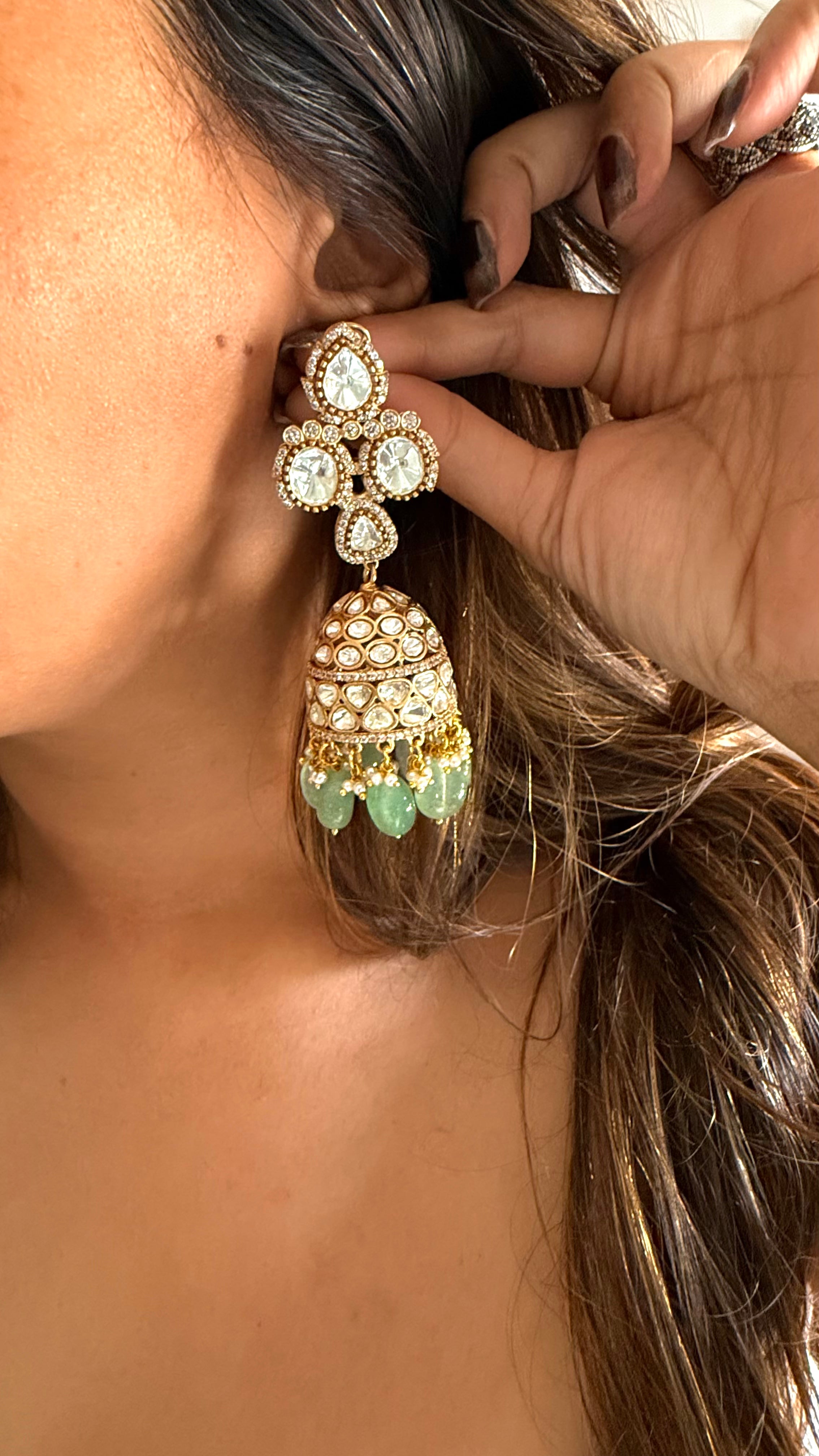 Triple layered moissanite polki & mint rani haar
