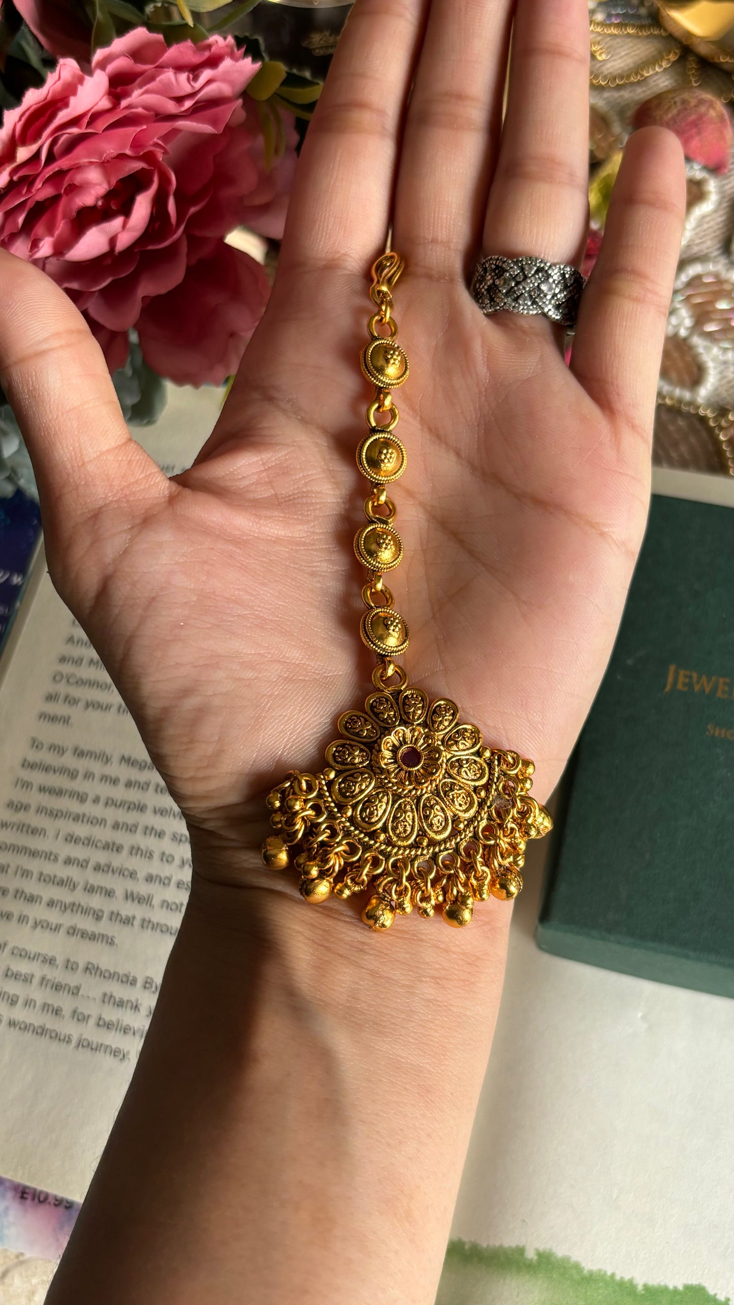 Floral gold ruby polki maangtika