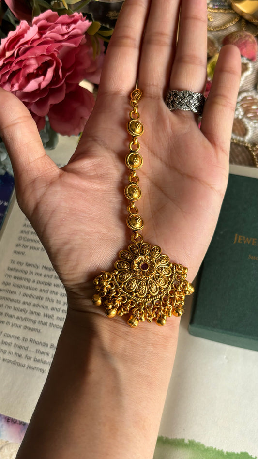 Floral gold ruby polki maangtika