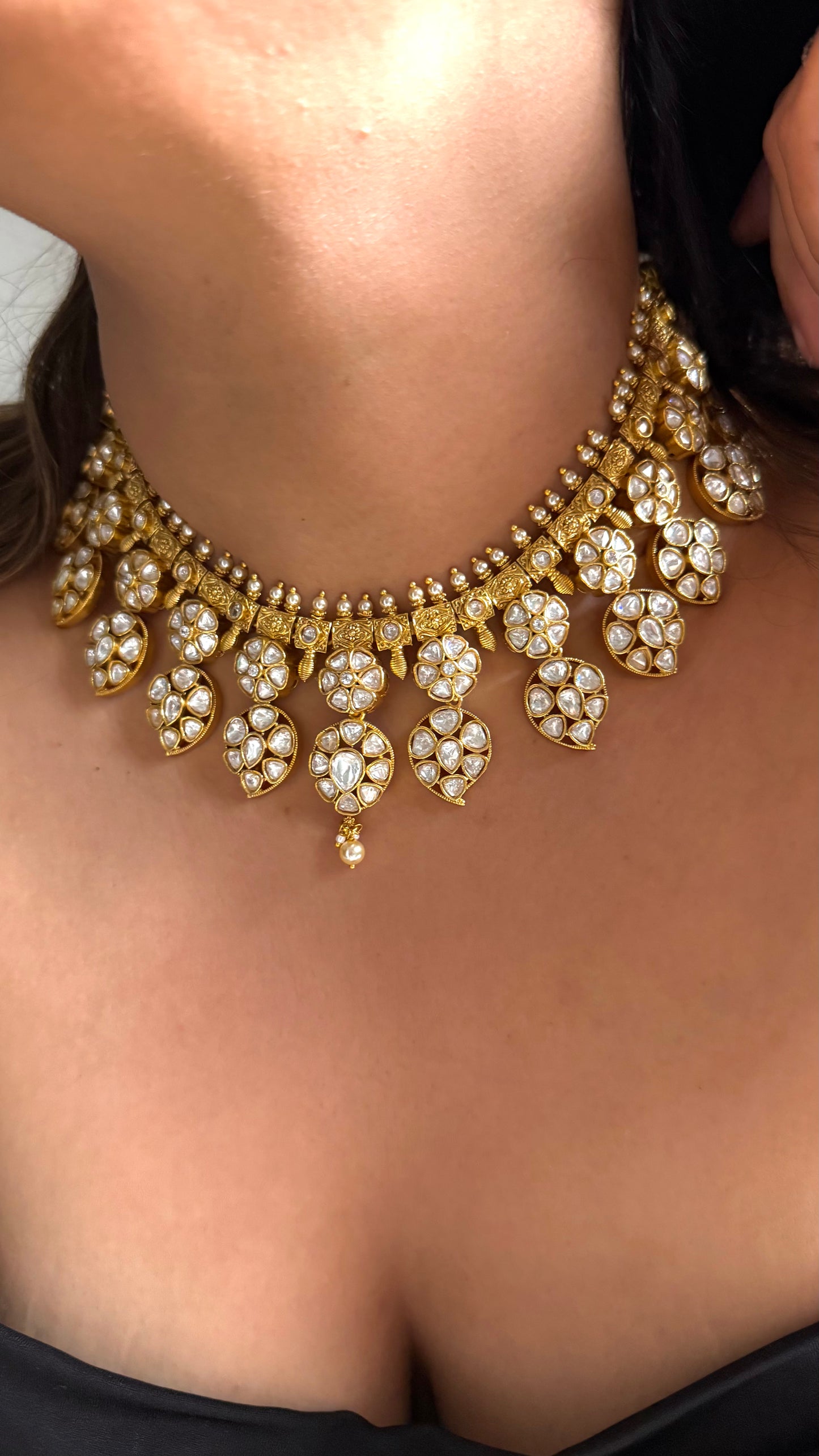 Heritage Floral polki necklace with pearl detailing