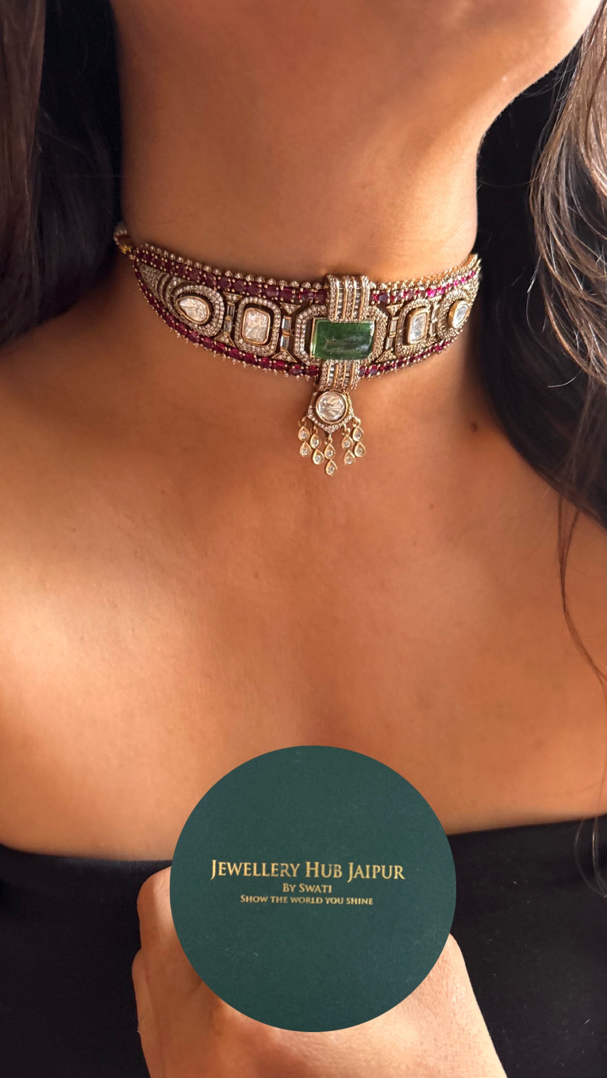 Emerald & Rani pink doublet designer choker necklace