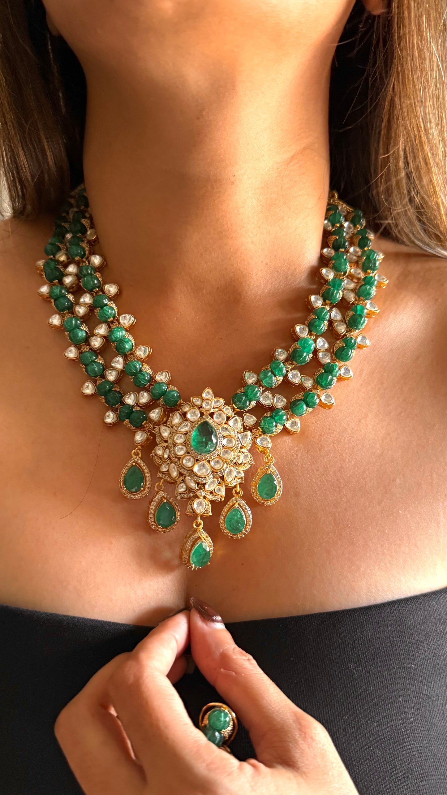 Emerald doublet moissanite dual layer set